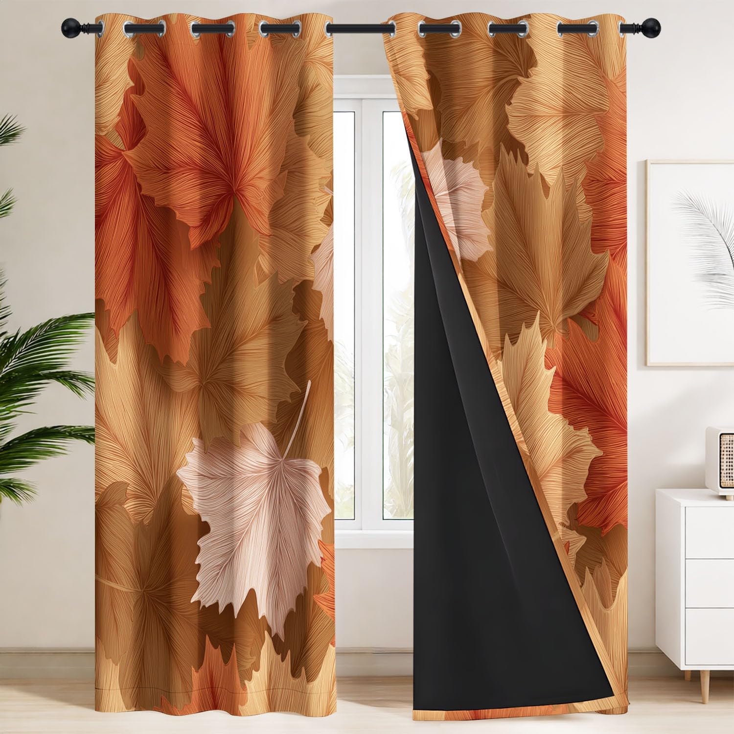 Generisch Herbstblatt Blattader Botanisch Vorhänge mit Ösen Gardinen Blackout Curtain Natürlich Ländlich Thermo Vorhang Weich Schlafzimmer Wohnzimmer Verdunklungsvorhänge 2er Set B 91.5 x H 214 cm