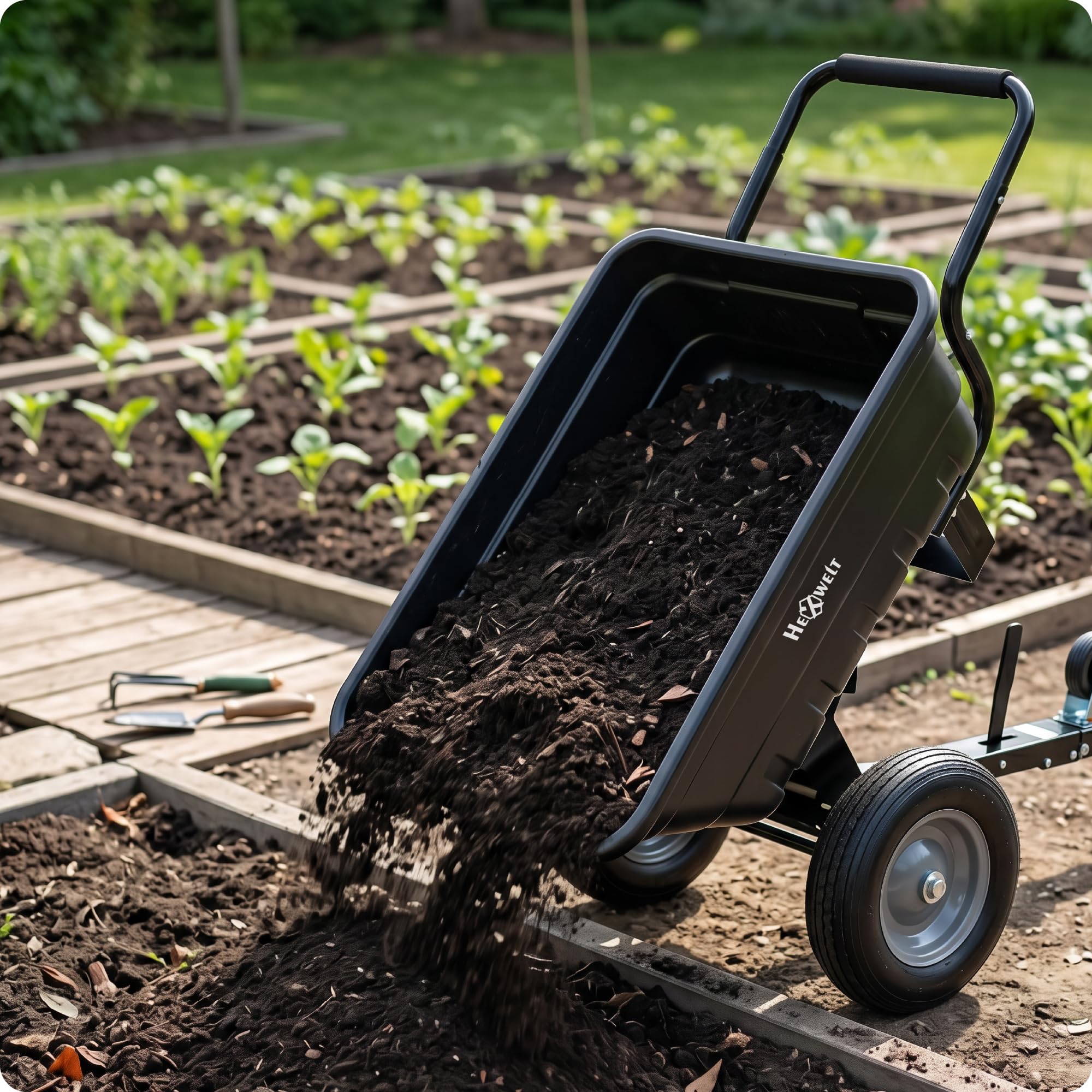 Anhänger für Rasentraktor und Quad 200 kg, Gartenanhänger mit ABS-Wanne 200 L, Transportanhänger für Holz, Erde, Laub und Gartengeräte, leichte robuste Gartenkarre, 130 x 77 x 65 cm