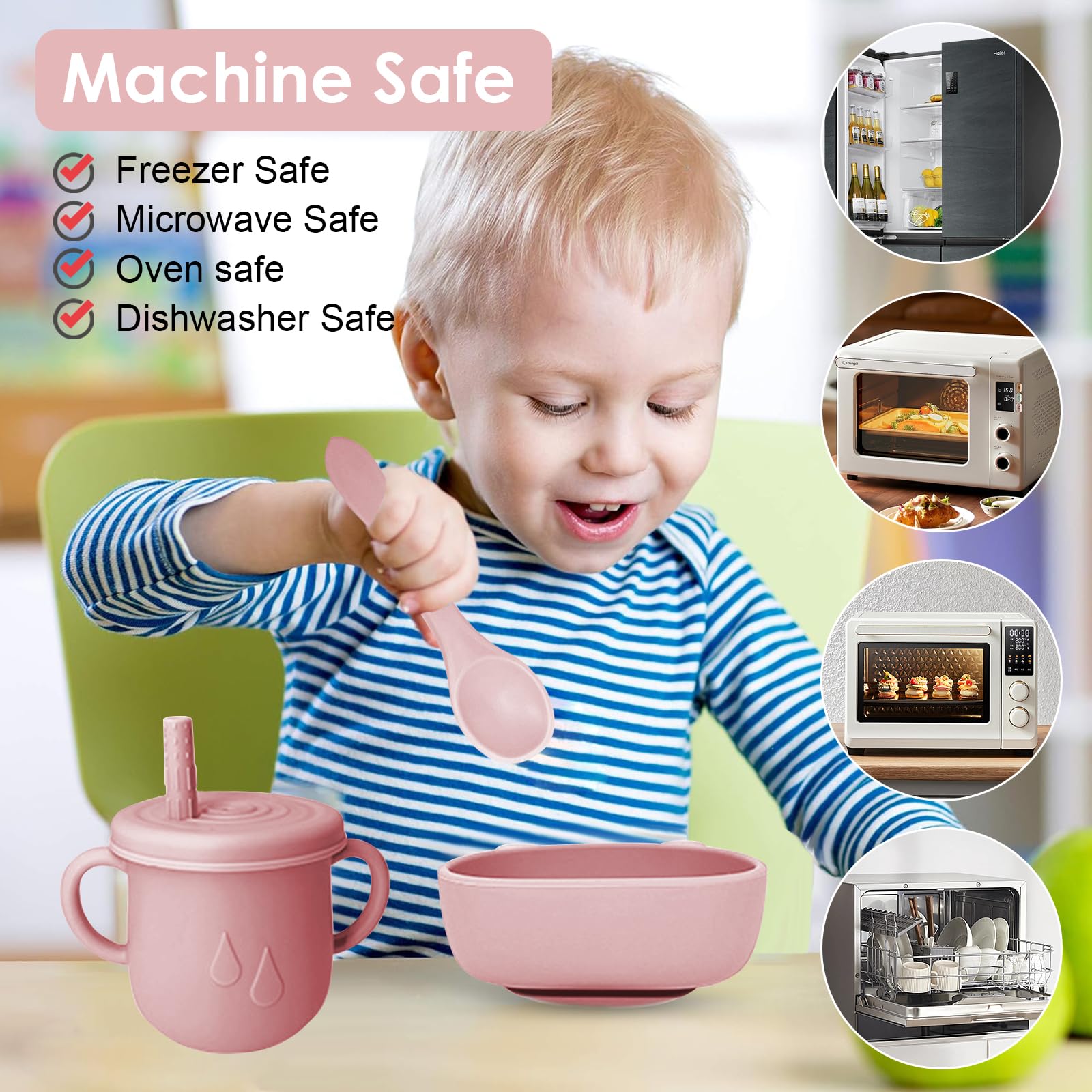14er Baby Geschirrset, Silikon Baby Weaning Besteck Set, Rutschfest, Teller, Schüssel, Lätzchen, Löffel, Gabel, Fruchtsauger, Babybrei Einfrieren Behälter, Beißring Baby, BPA Frei (Hellrosa)