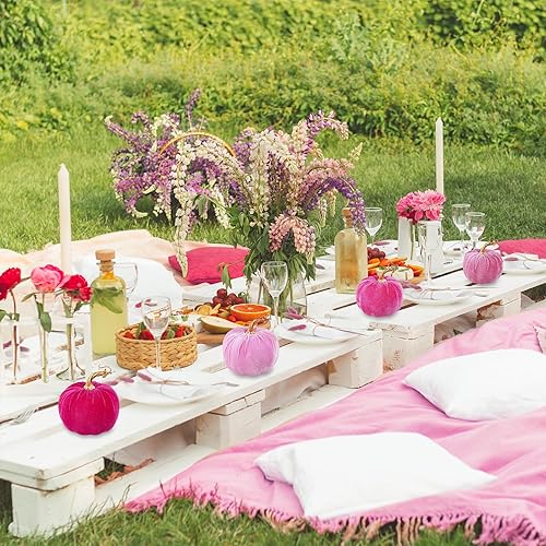 Miniatura 5 de Winlyn 4 calabazas decorativas de terciopelo rosa sintético de 5 pulgadas para regalos de otoño, boda, baby shower, Acción de Gracias, Halloween,