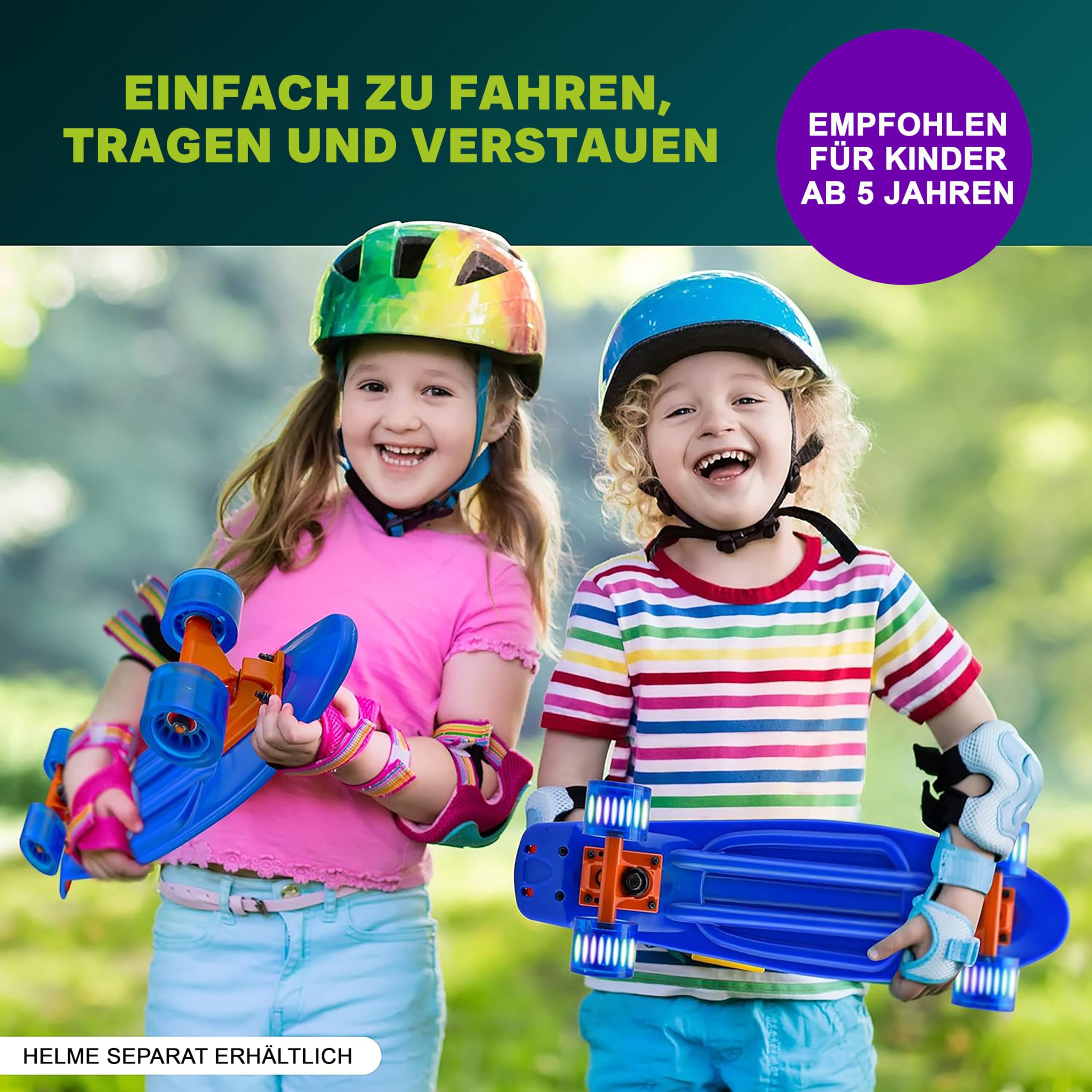 Hurtle Skateboard Kinder ab 6 Jahre, Mini Skateboard mit LED Leuchtrollen, 55cm Pennyboard mit Anti- Rutsch Deck für Mädchen & Junge, Cruiser LED, Kaykay- für Anfänger & Fortgeschrittene, Max100kg