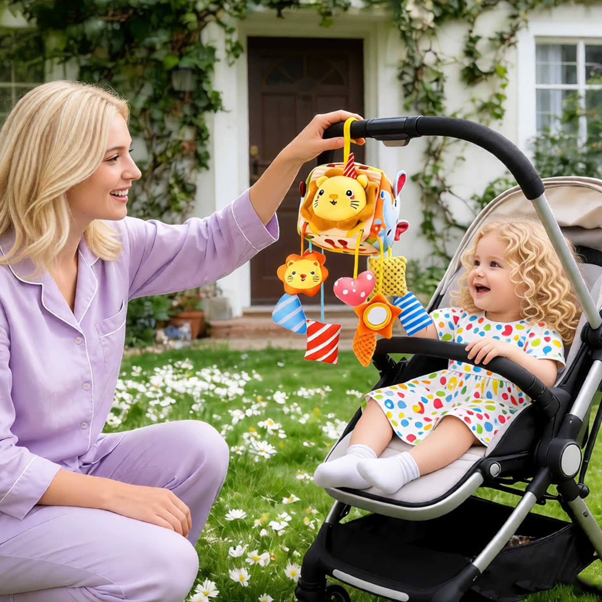 Jouet pour siège Auto pour bébé avec Miroir et 3 Jouets Suspendus, siège arrière pour bébé, en Peluche pour Poussette, Jouet d'éveil pour de 0 à 12 Mois, pour Poussette (Jaune)