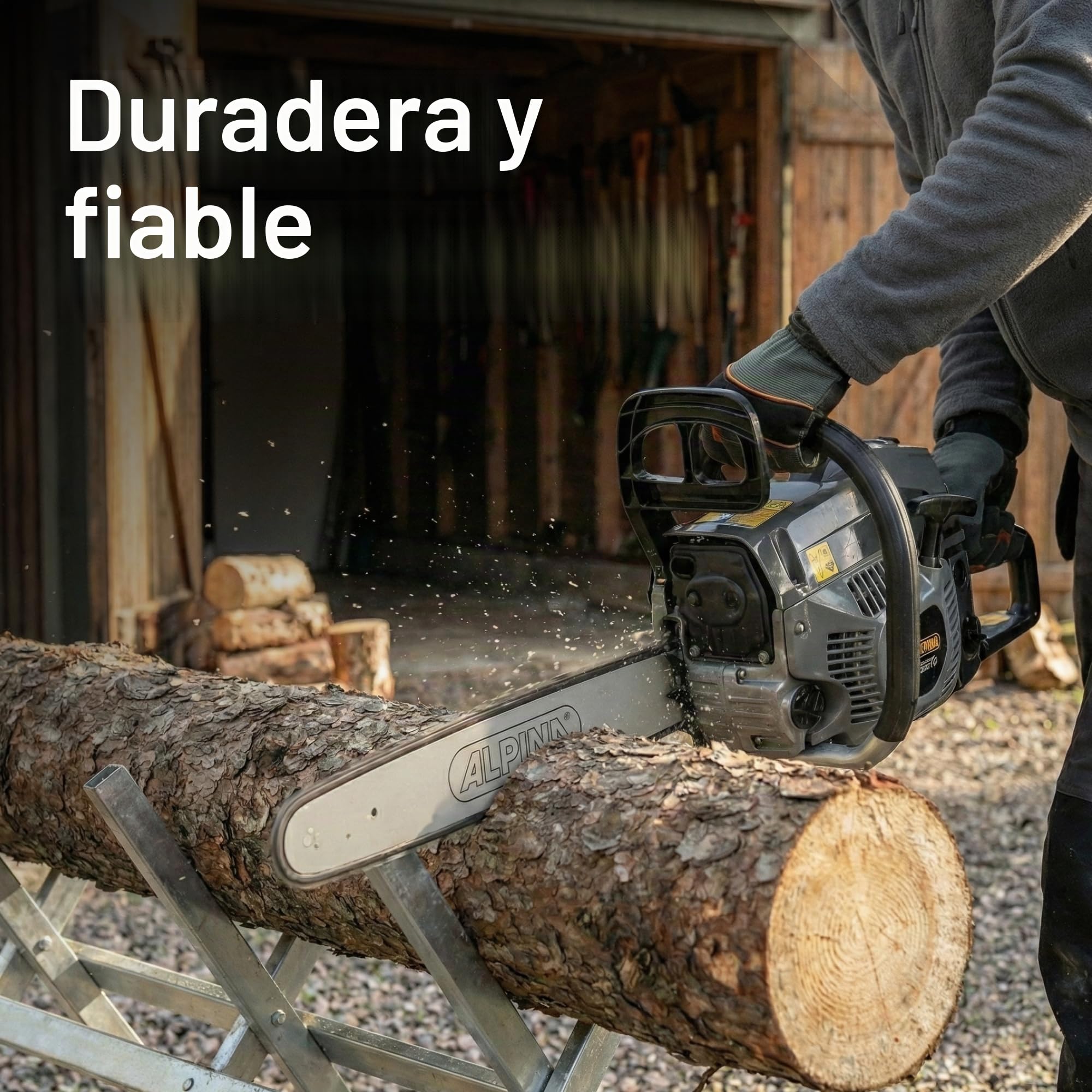 Alpina Motosierra de gasolina ACS 46 (18)’’, Para uso doméstico de corte de leña, Barra de corte 45 cm (148’), Motor de gasolina 45 cc, 1800 W, Velocidad de cadena 21 m/s, Bomba de aceite ajustable