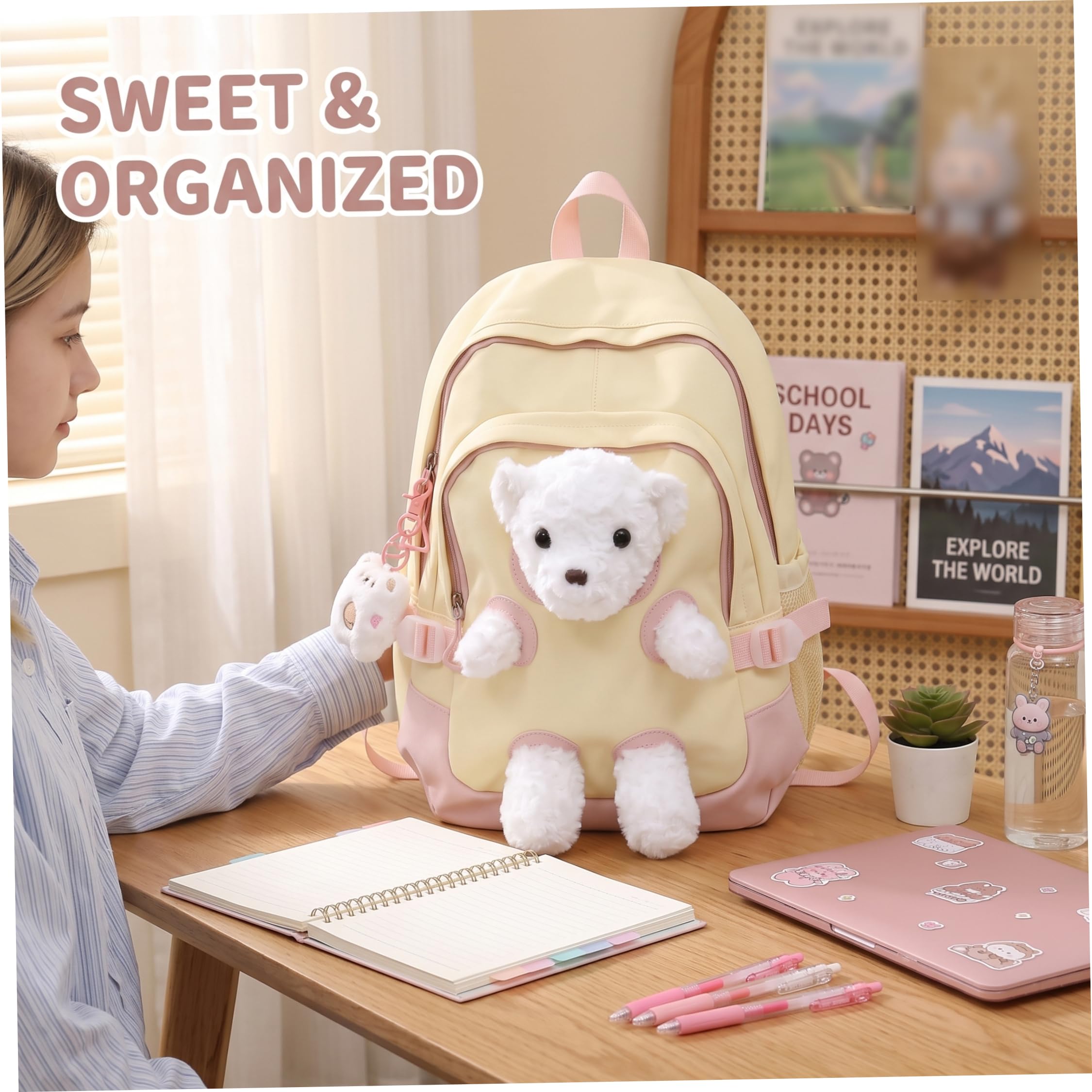 Zaino con orsetto, zaino con orsetto di peluche Kawaii con ciondolo, borsa da scuola carina, borsa per libri per ragazze (giallo)