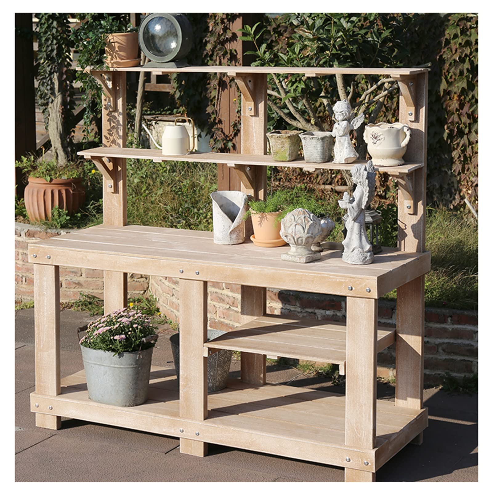 Banc de jardin extérieur en bois station de rempotage multifonction 150 cm