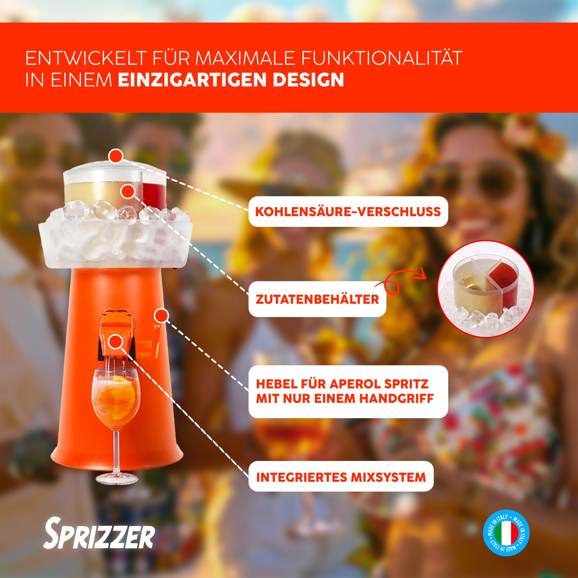 Aperol Spritz Maschine Dispenser Mischer mit Eisbehälter, Manuelle Abgabe, Orange, Made in Italy