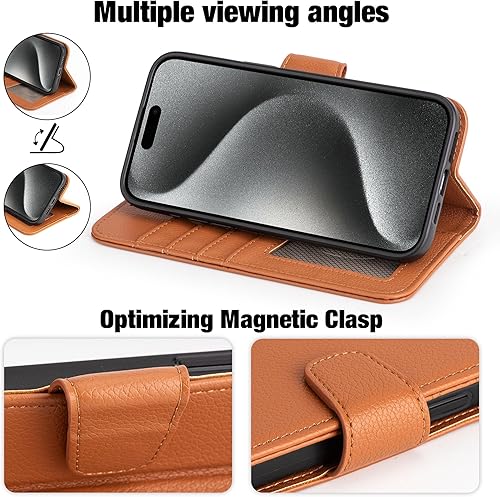 Miniatura 176 de Arae Compatible with iPhone 15 Case with Card Holder and Wrist Strap Wallet Flip Cover for iPhone 15 6.1 inch,Wine Red