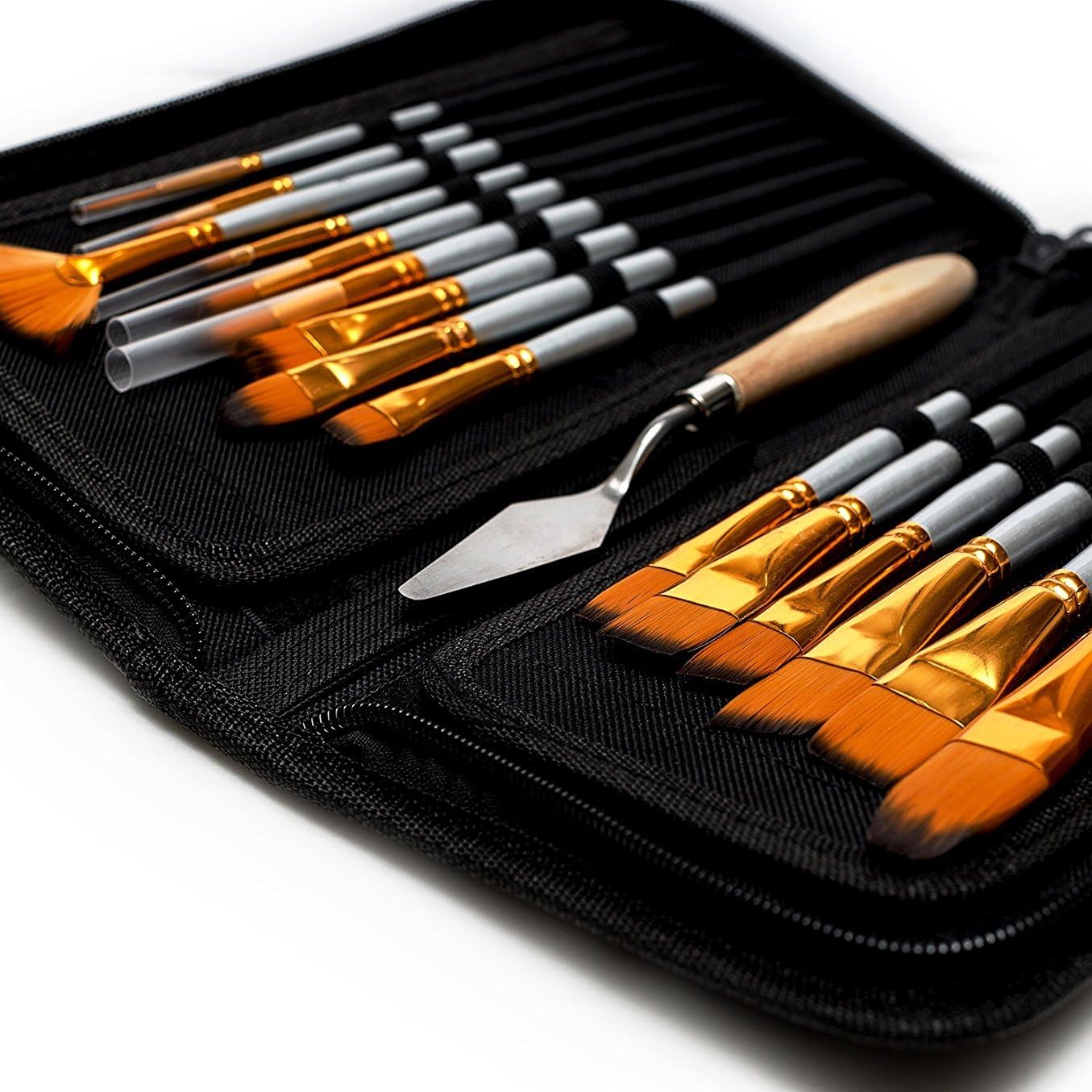 Artist Paint Brush Set – 15 Different Brush Shapes & Sizes – Bonus FREE Painting Knife & Watercolor Sponge – No Shed Bristles – Wood Handles – For Body Paint, Acrylics & Oil