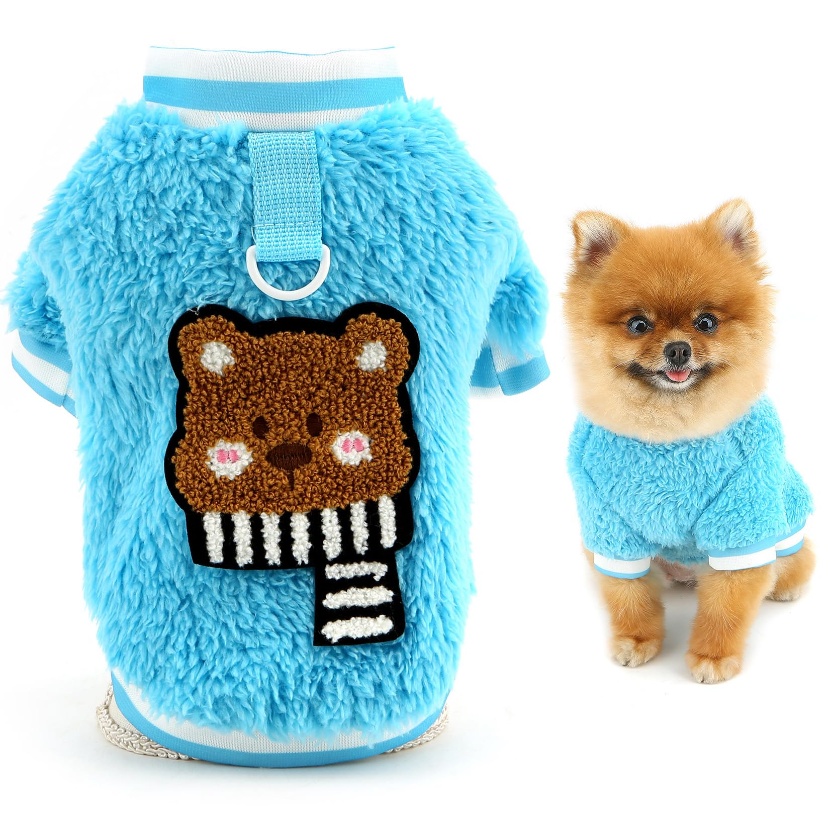 SMALLLEE_LUCKY_STORE Coral Fleece Dog Jumper for Extra Small Dogs, Cute Bear Pattern Pet Sweater Pullover with D-ring Warm Cozy Puppy Sweatshirt Vest Winter Fall Chihuahua Yorkshire Clothes, Blue, XS