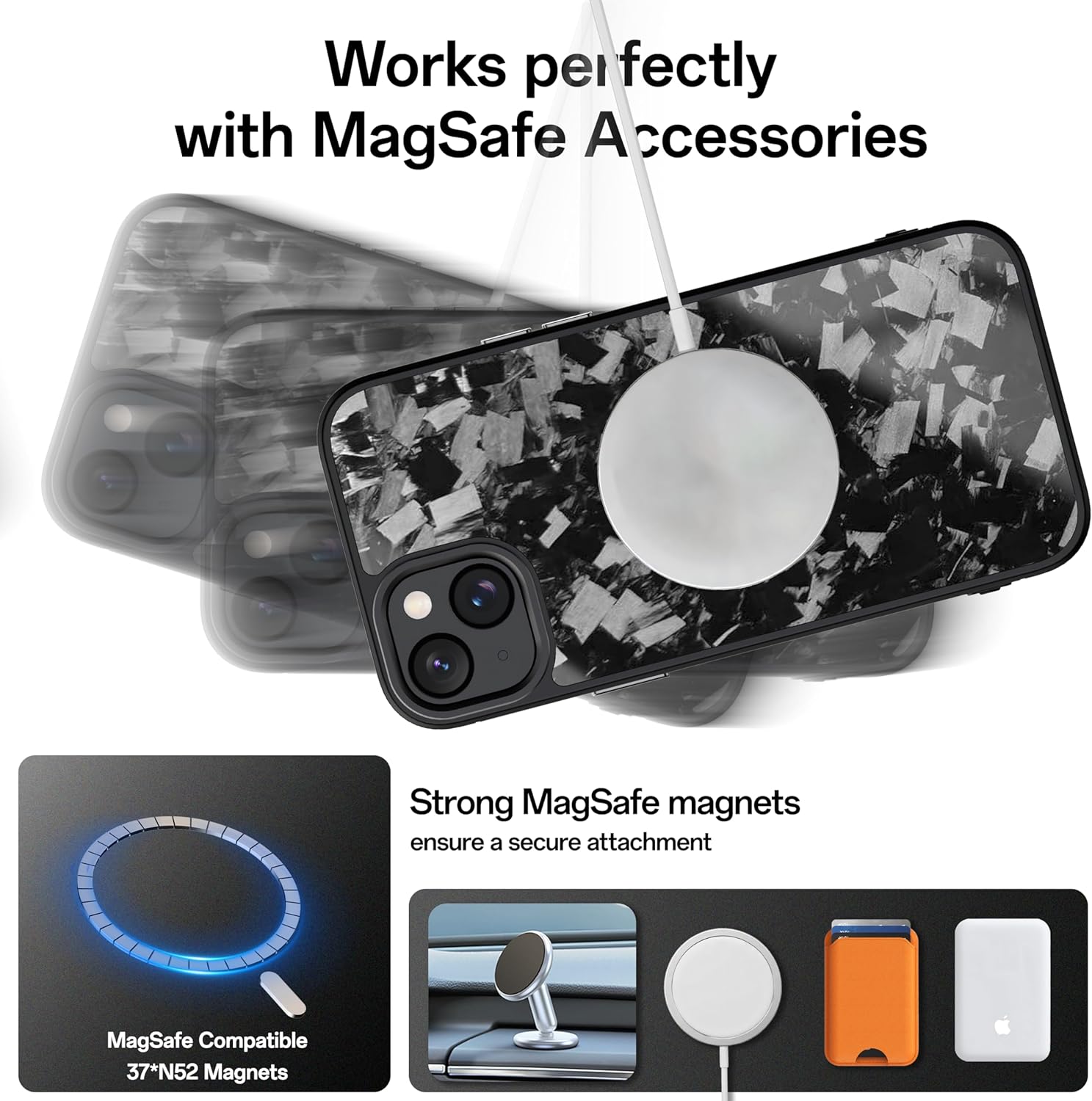 Genuine Forged Carbon Fiber Case for iPhone 15 Plus, Built-in Magnets, Compatible with MagSafe, Military Grade Drop Protection, Shockproof Phone Cover - Glossy Black