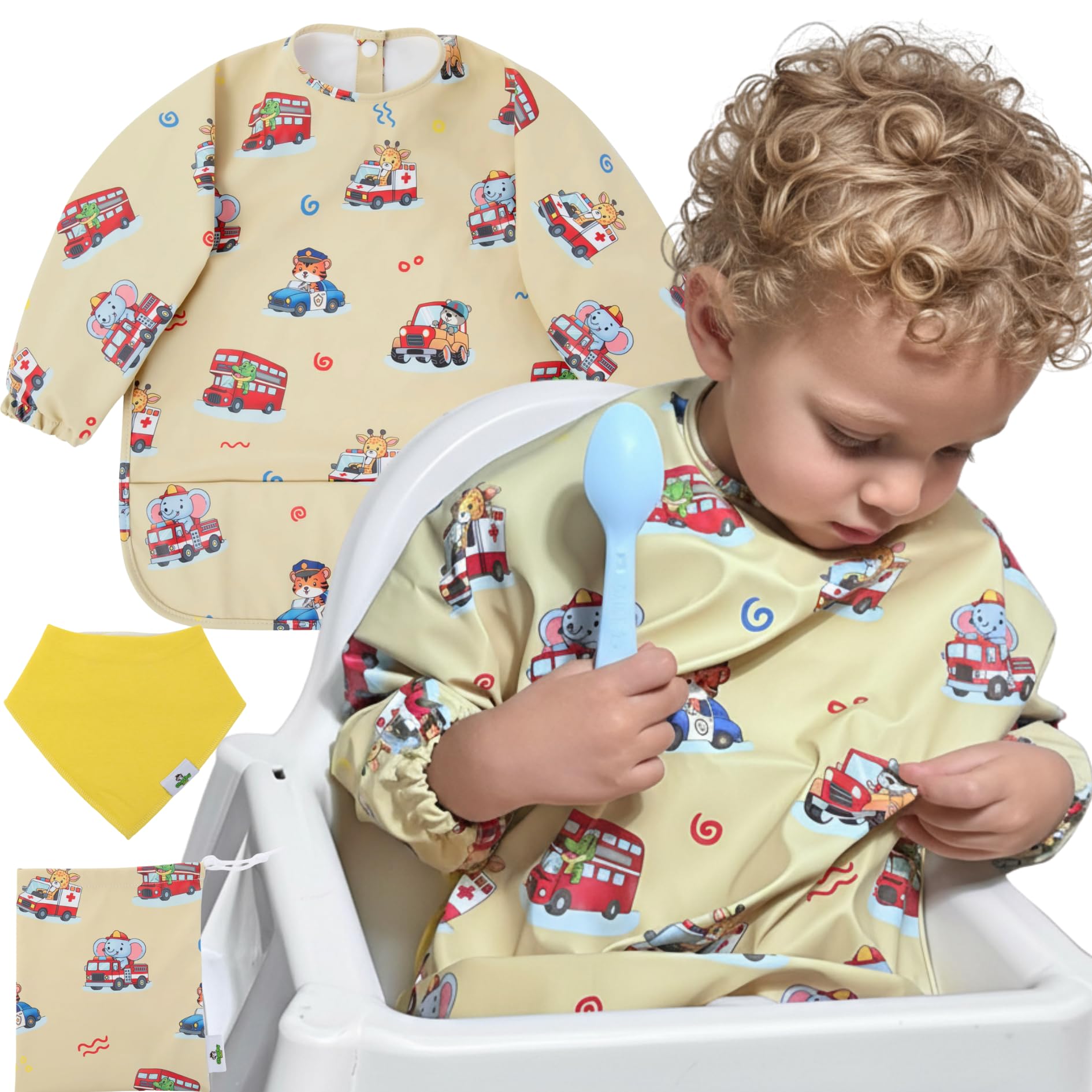 Cheeky Monkey Baby Bibs with Sleeves Waterproof, Yellow