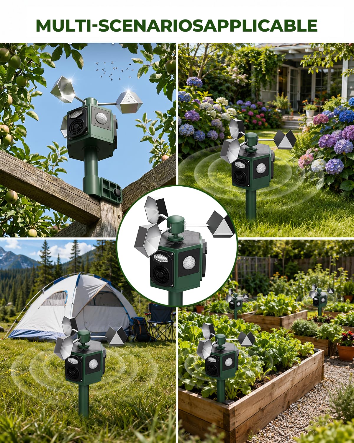 Brd Scarers, deterrente per gatti da giardino, repellente per uccelli riflettente a 360°, repellente per animali ad ultrasuoni a energia solare, impermeabile IP44, repellente per gatti e volpi