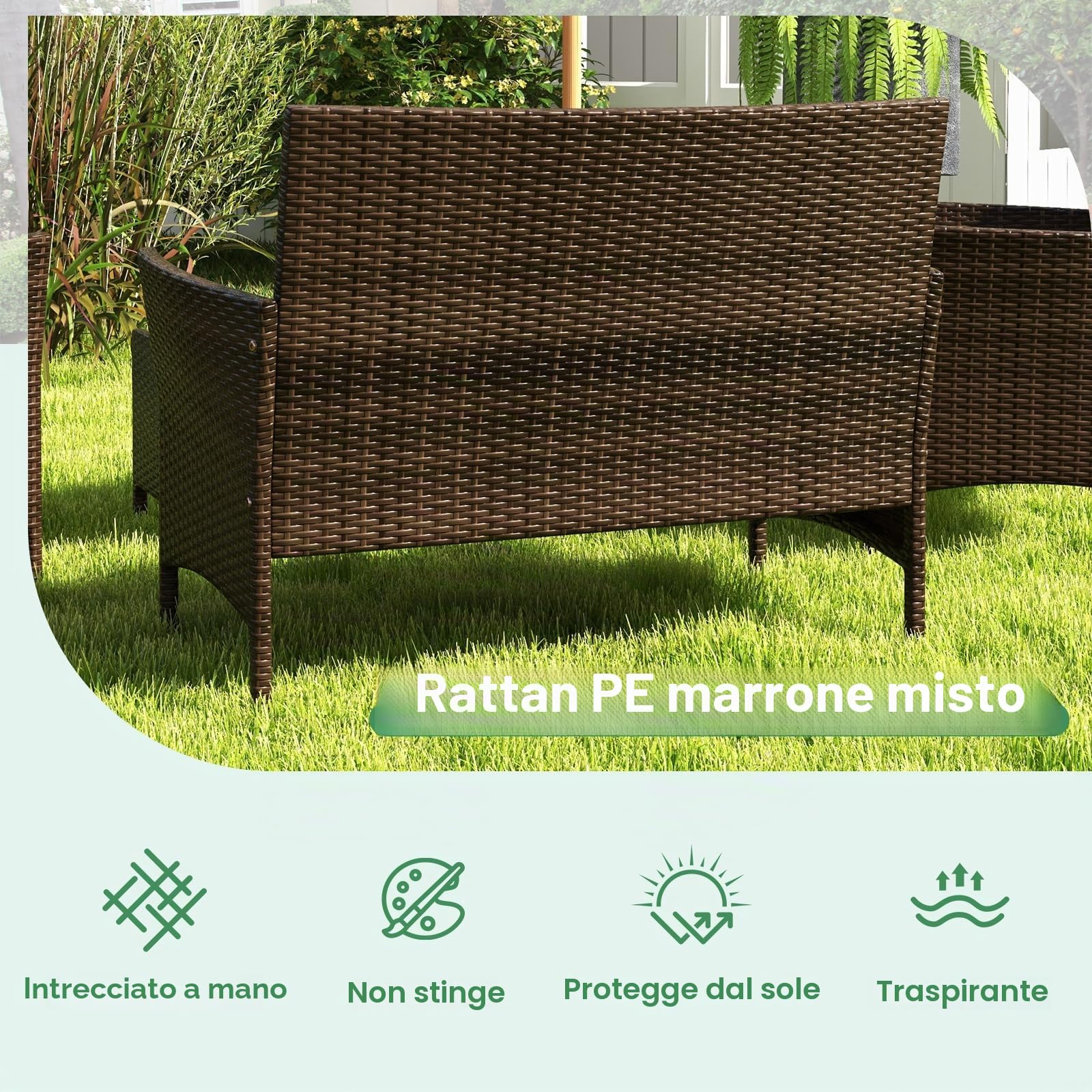Giantex Set di mobili da giardino in rattan, 4 pezzi, con divano a 2 posti, tavolo e 2 sedie, mobili da terrazza con cuscini per 4 persone, per esterni, per balcone, terrazza e giardino (nero)