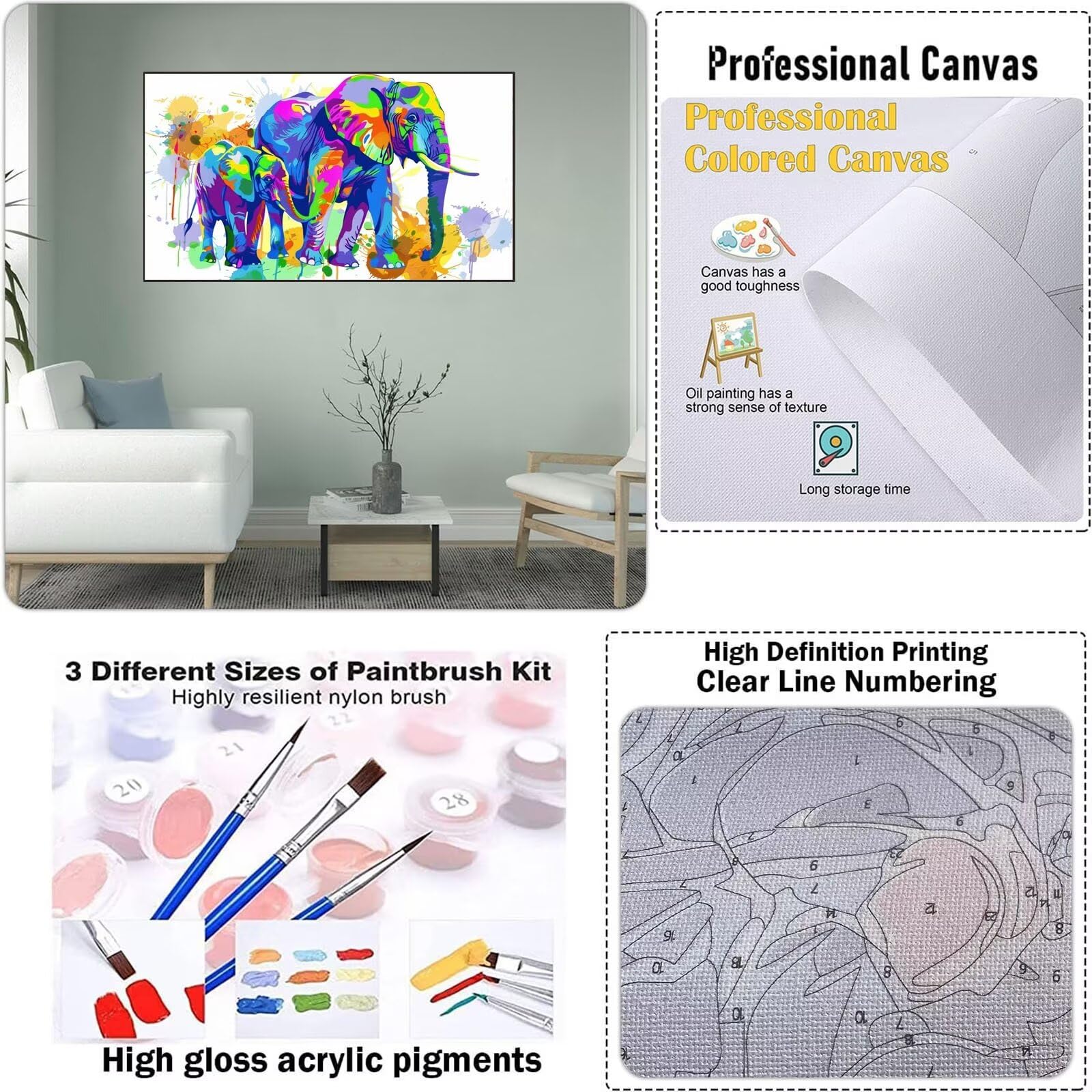 Pittura Con I Numeri Per Bambini – Elefante Con Cornice, Set Completo Di Colori E Pennelli, Attività Artistica Fai Da Te Per Ragazzi E Ragazze 5-10 Anni - 2