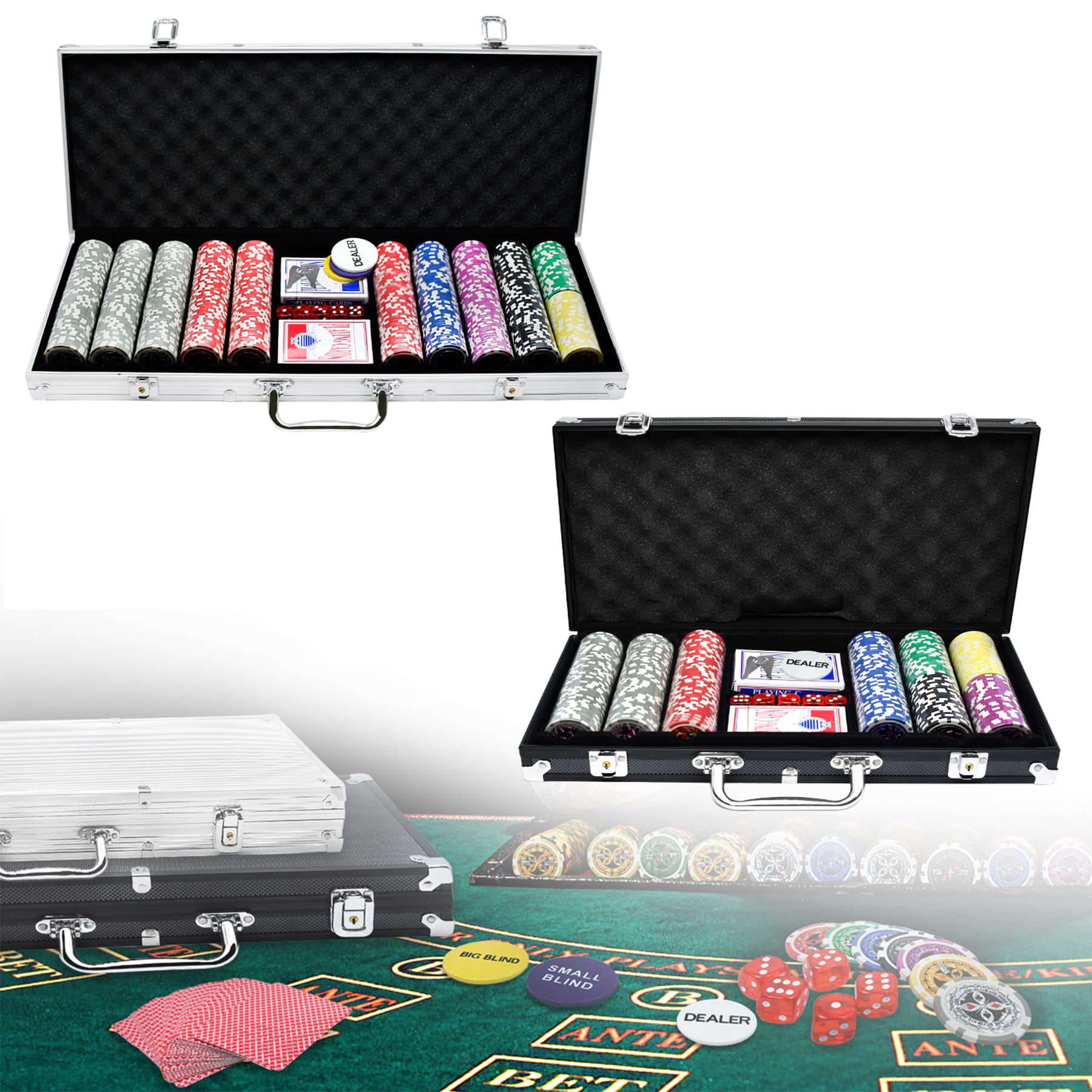 Froadp Set da poker professionale 500 fiche laser da poker con valigetta, gioco da poker con custodia in alluminio, set completo da poker incluso 2 mazzi di carte da poker, 3 gettoni per il dealer, 5