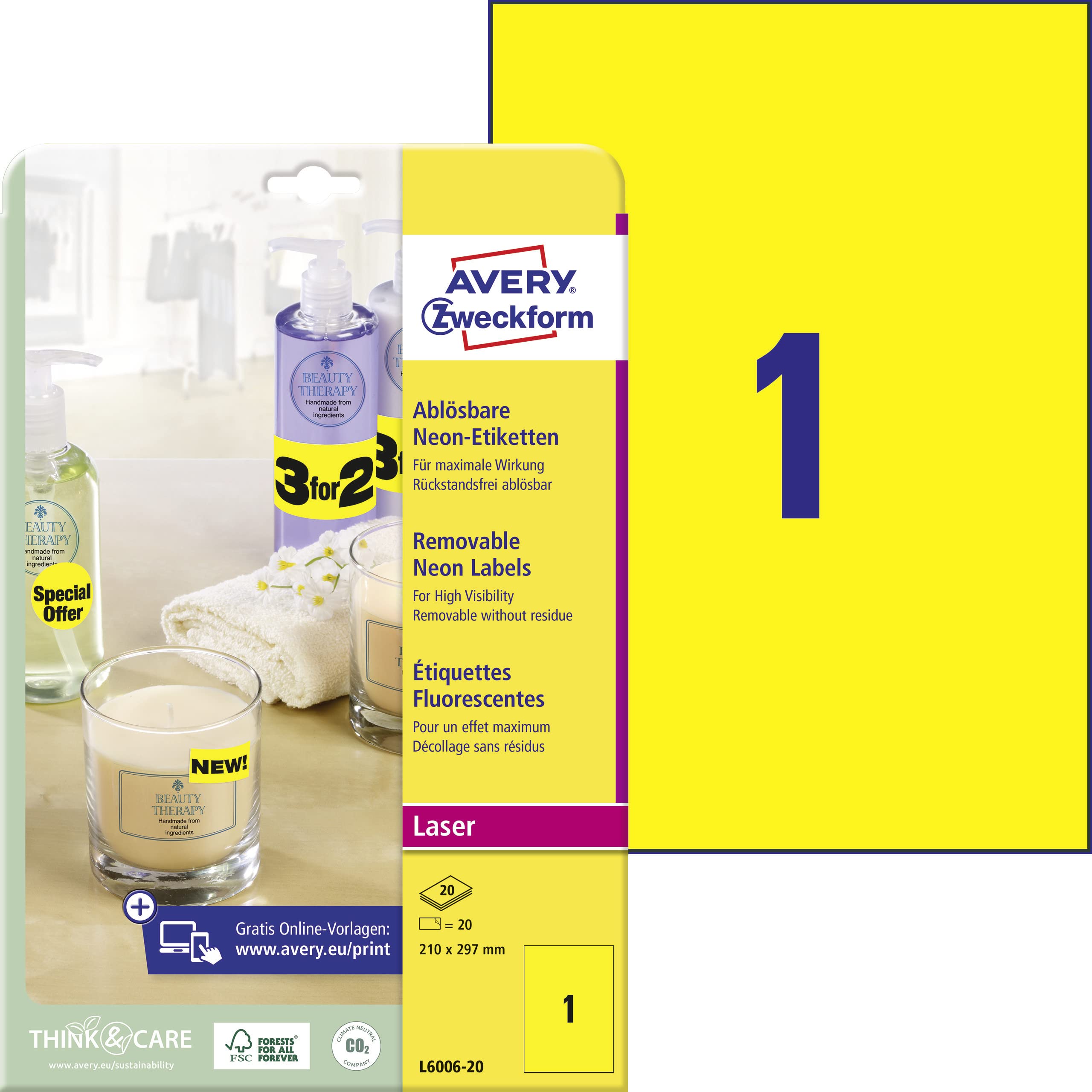 Avery Zweckform, L6006-20 Removable Neon Labels / 210 x 297 mm / 20 Sheets
