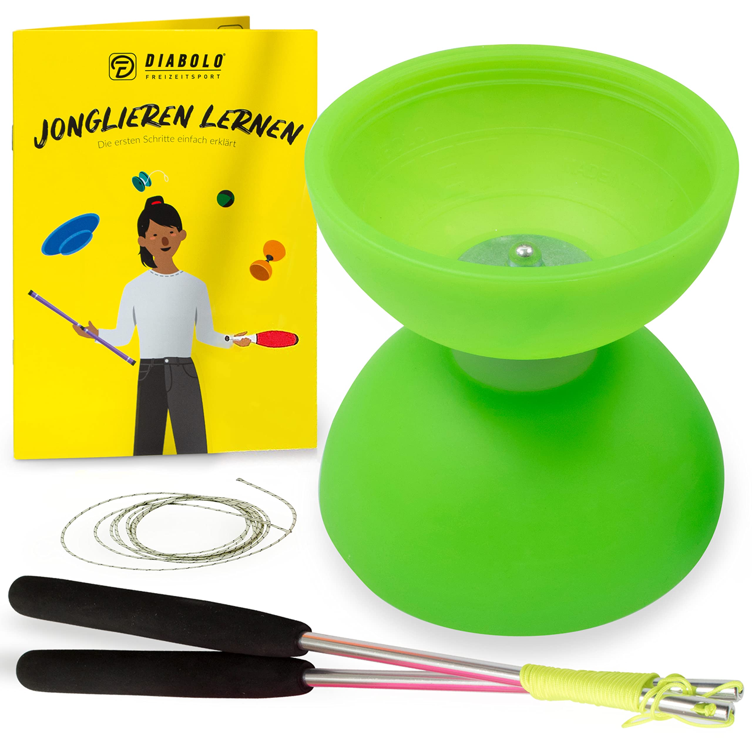 Diabolo FreizeitsportSet for Children Beginners with Comet and Henry's Spare Cord I Beginner Set – Made in Italy (Neon Green)