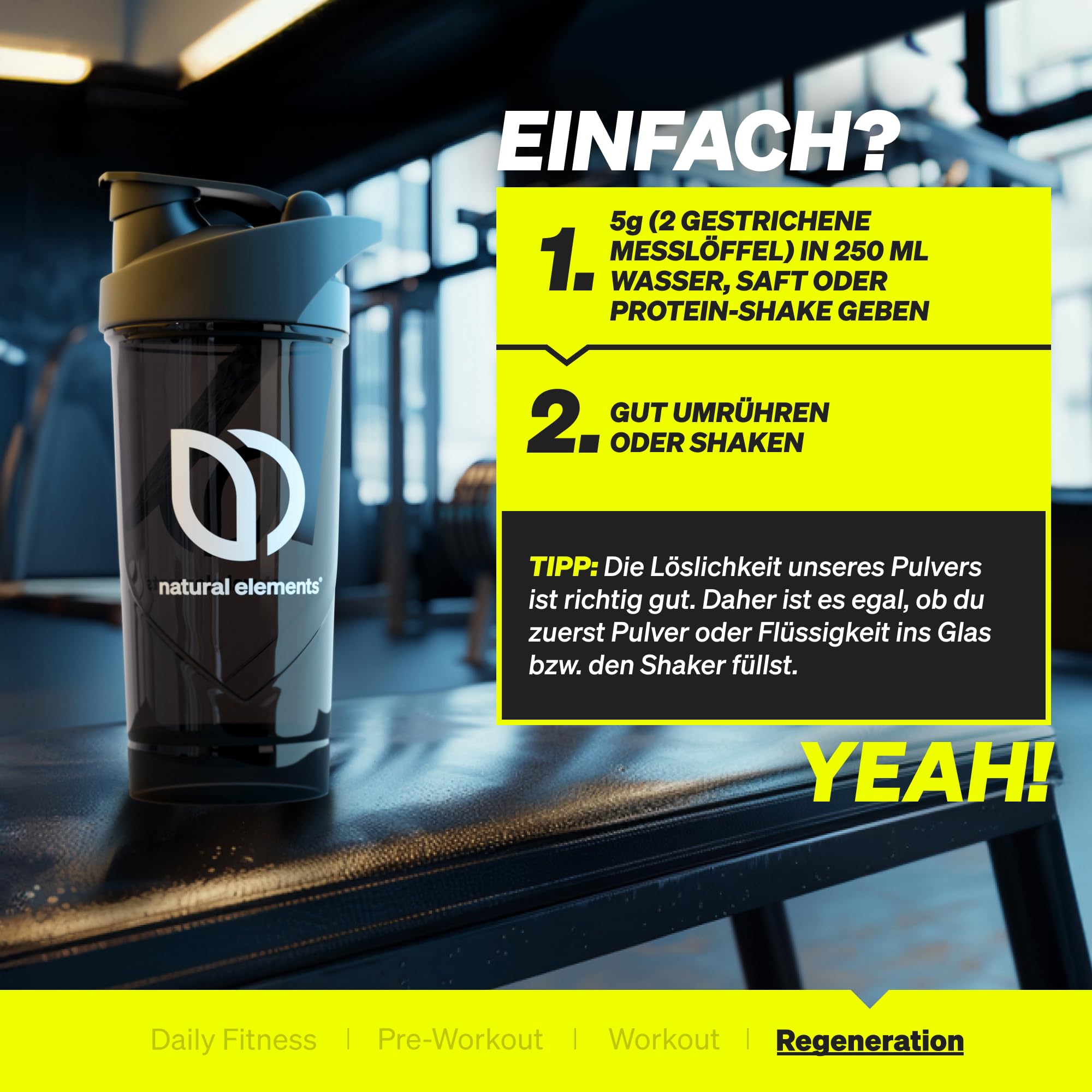 natural elements L-Glutamin Pulver – 500g – reines L-Glutamin – geschmacksneutral – vegan, hochdosiert, ohne Zusätze – in Deutschland entwickelt