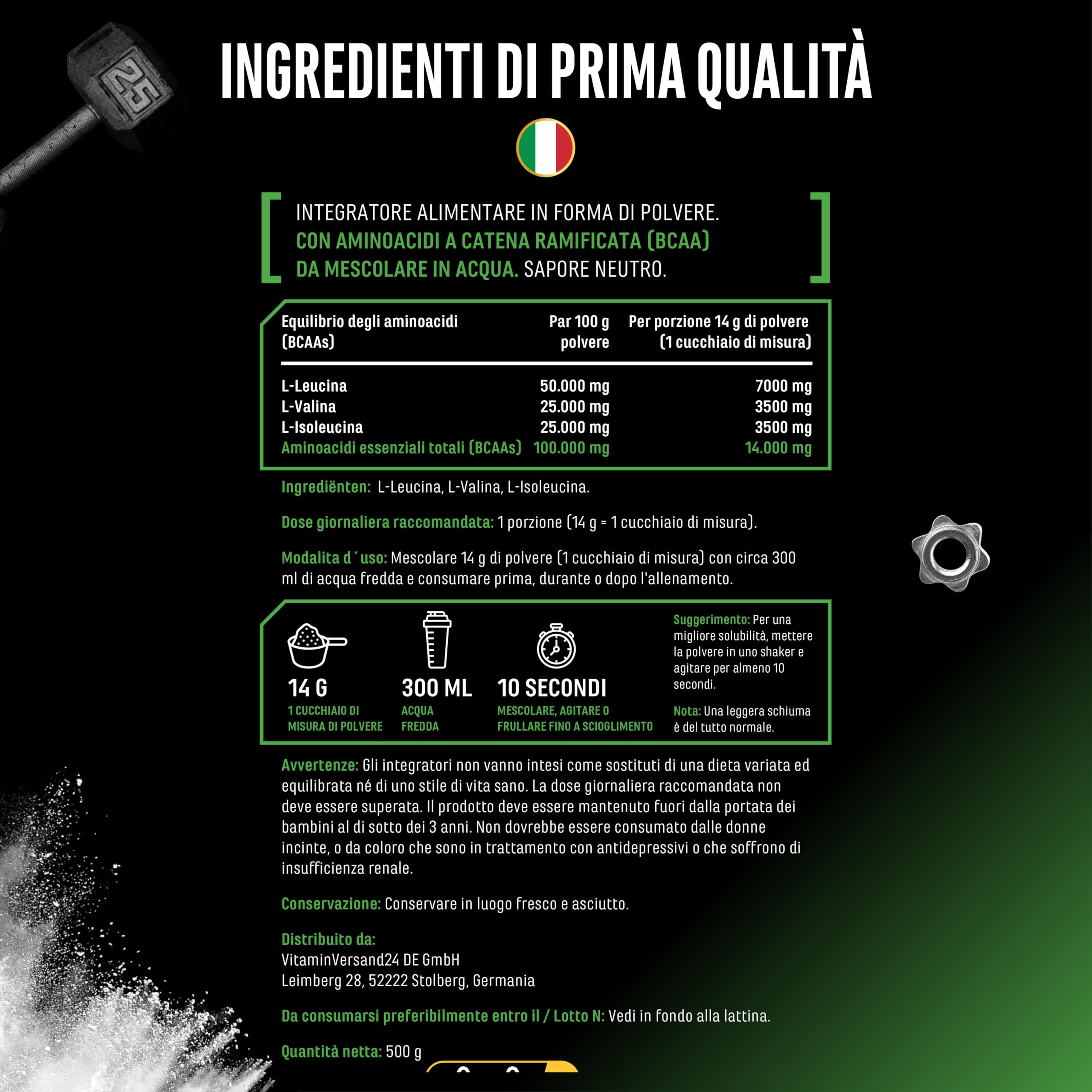 Bodylab24 BCAA Powder 500g, BCAA In Polvere Ad Alto Dosaggio, Leucina