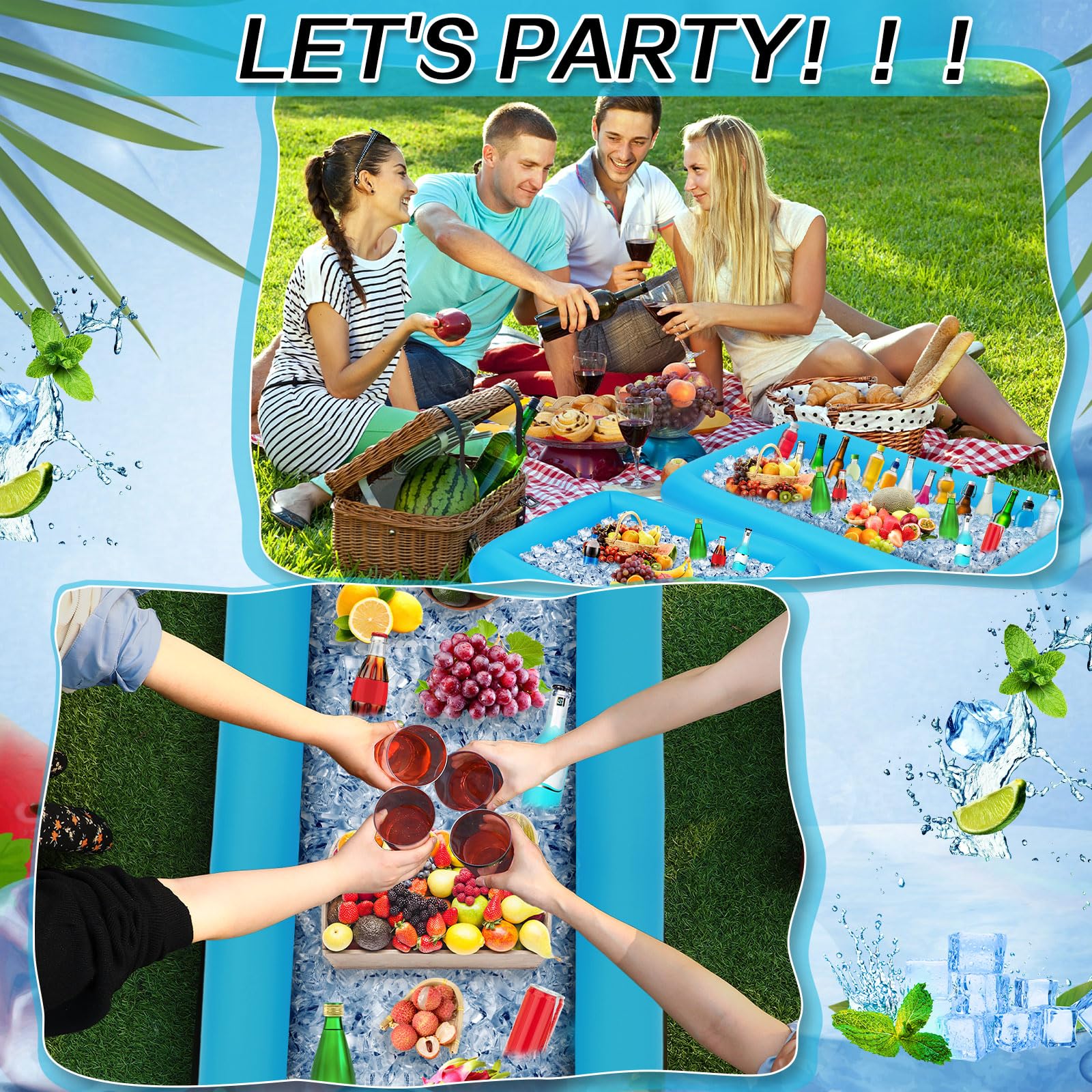 Leitee 4 barras inflables para servir hielo, bandeja para servir bufé, enfriador de bebidas para fiesta en la piscina, bandeja de hielo inflable, contenedores flotantes para alimentos y bebidas con