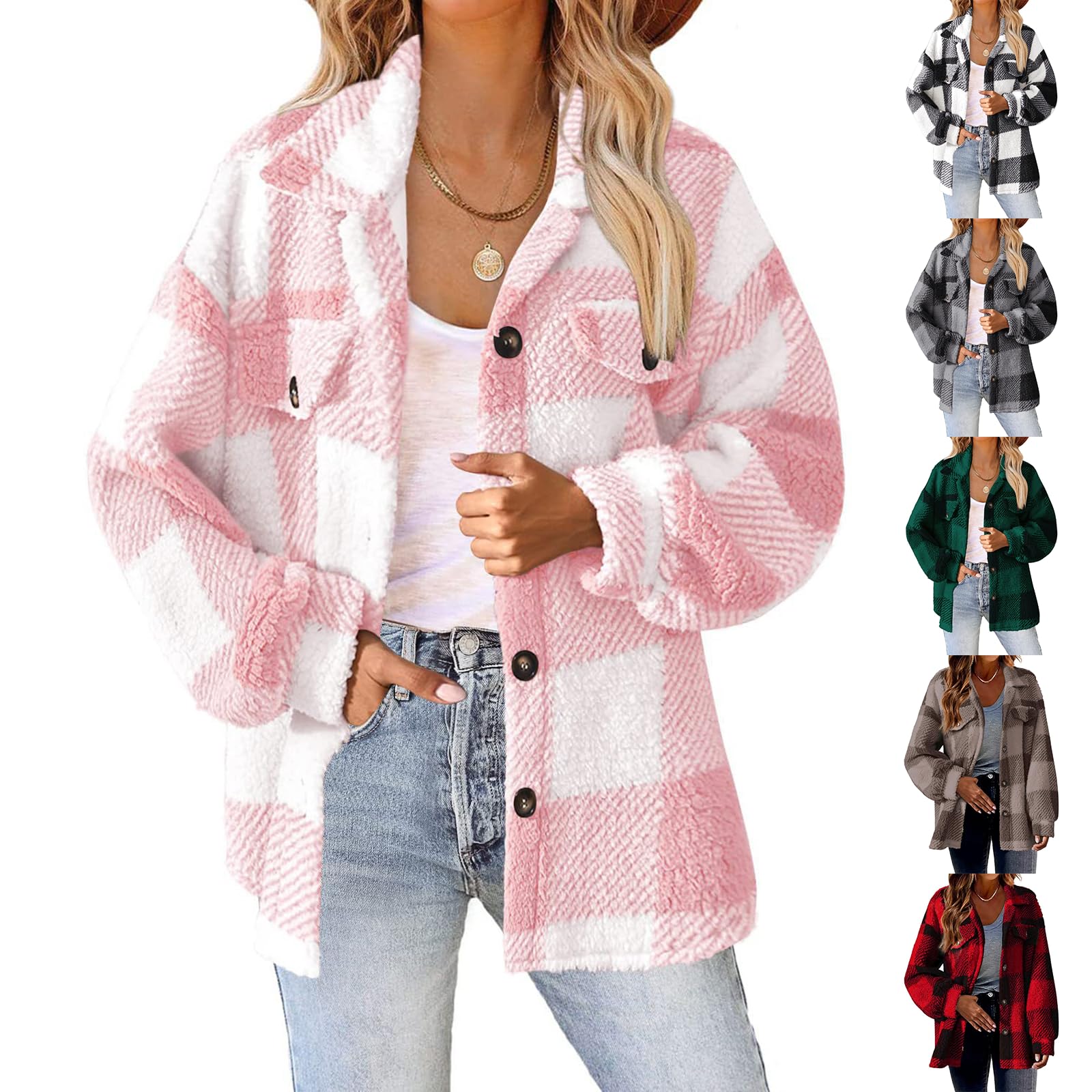 Plaid Jacket for Woman Fuzzy Sherpa Fleece Lined Flannel Shirt Jacket Casual Long Sleeve Button Down Shacket Coats