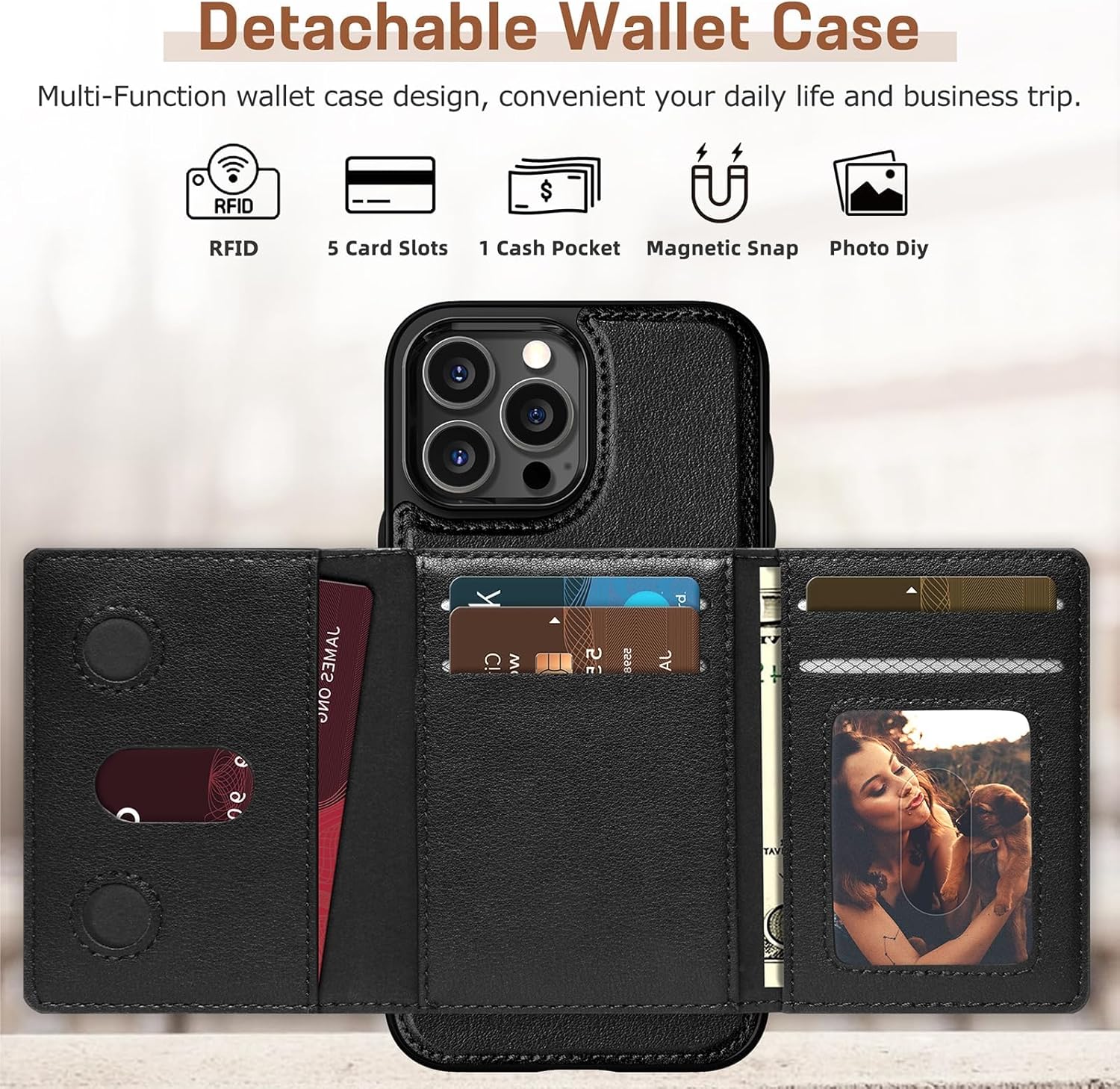 LOHASIC Detachable for iPhone 16 Pro Max Wallet Case Compatible with MagSafe, 5 Card Holder Slots RFID Blocking Magnetic PU Leather Kickstand Protective Phone Case for iPhone 16 Pro Max 6.9" - Black
