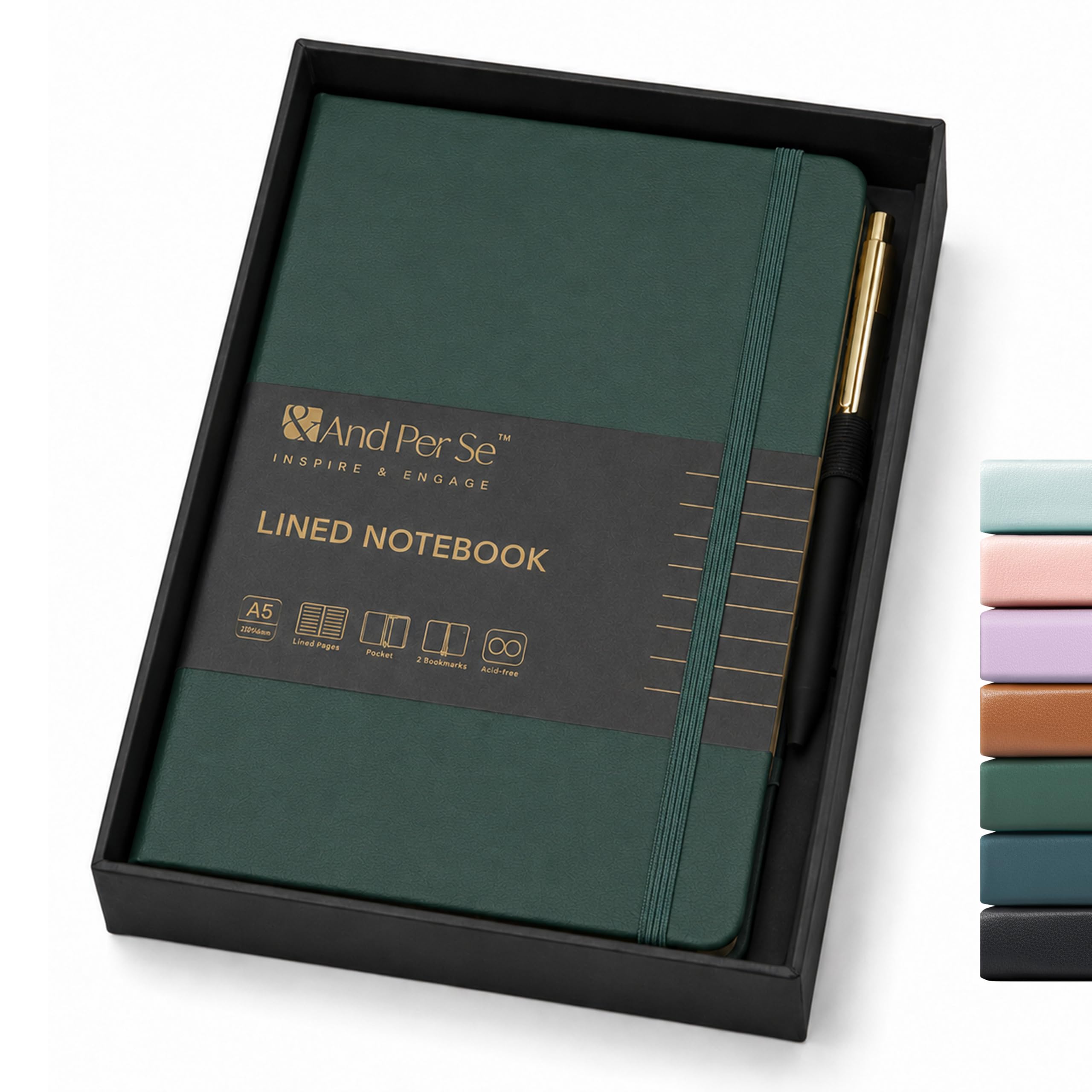 &And Per Se Lined Journal and Pen Set, A5 Leather Journal Stationery Set, 160 Pages 100GSM Thick Paper, Notebook Gift Set (Green)