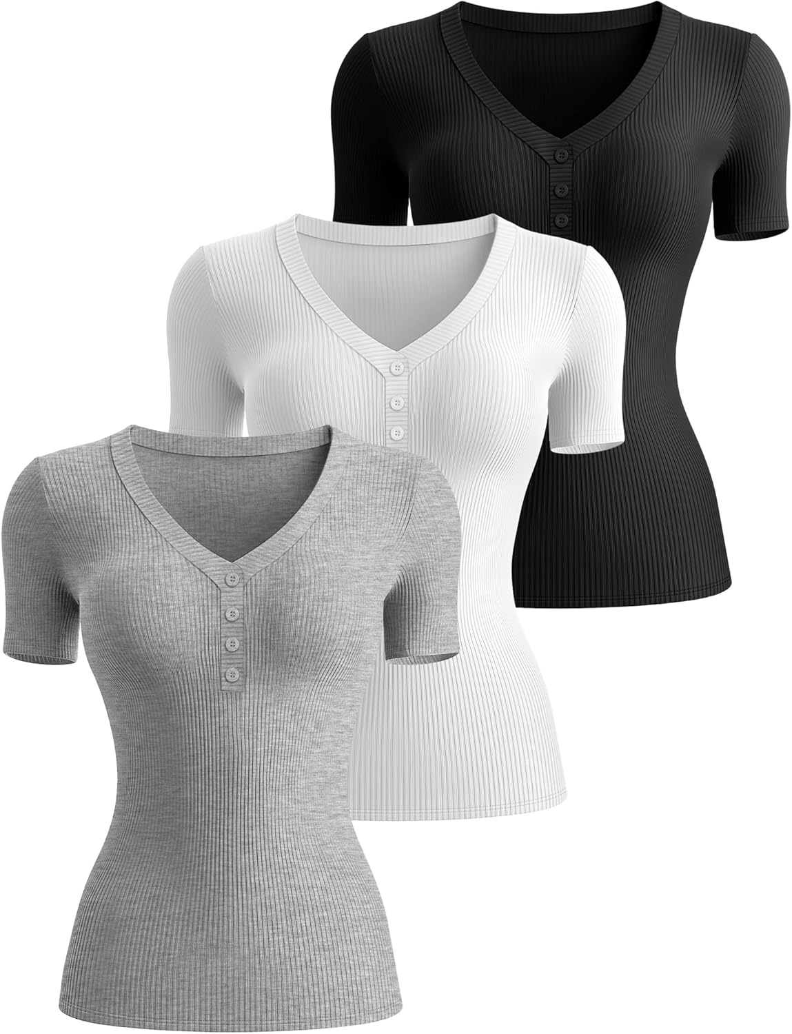 3 Pack Women's Ribbed Henley Button T-Shirts, 95% Cotton Fitted Tight Short Sleeve V Neck Top Slim Basic Tee Blouse