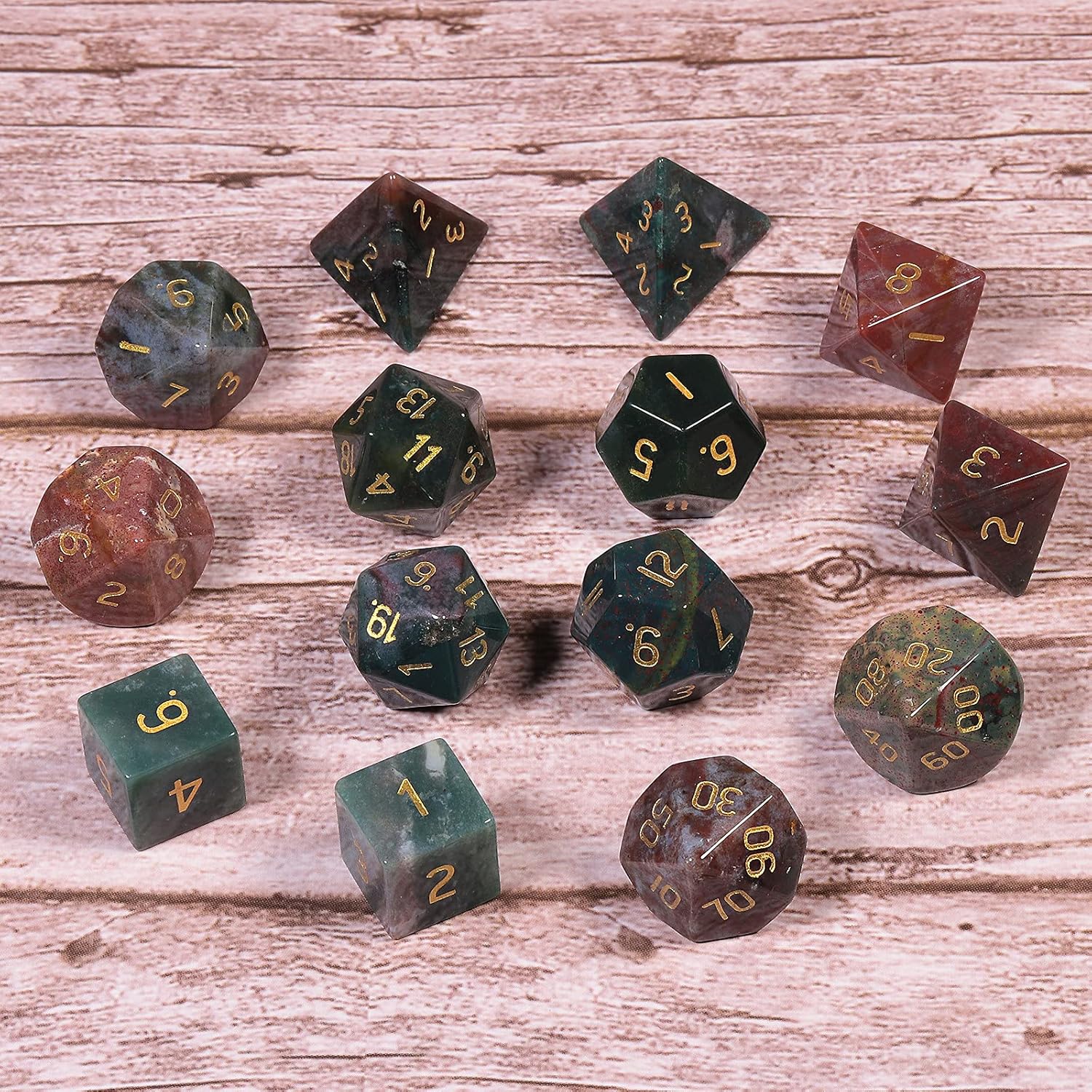 TUMBEELLUWA Engraved Crystal Stone Polyhedral Dice Set for RPG MTG Dungeons and Dragons Table Game 7 Pieces DND Board Game Dices with Pouch, Indian Agate