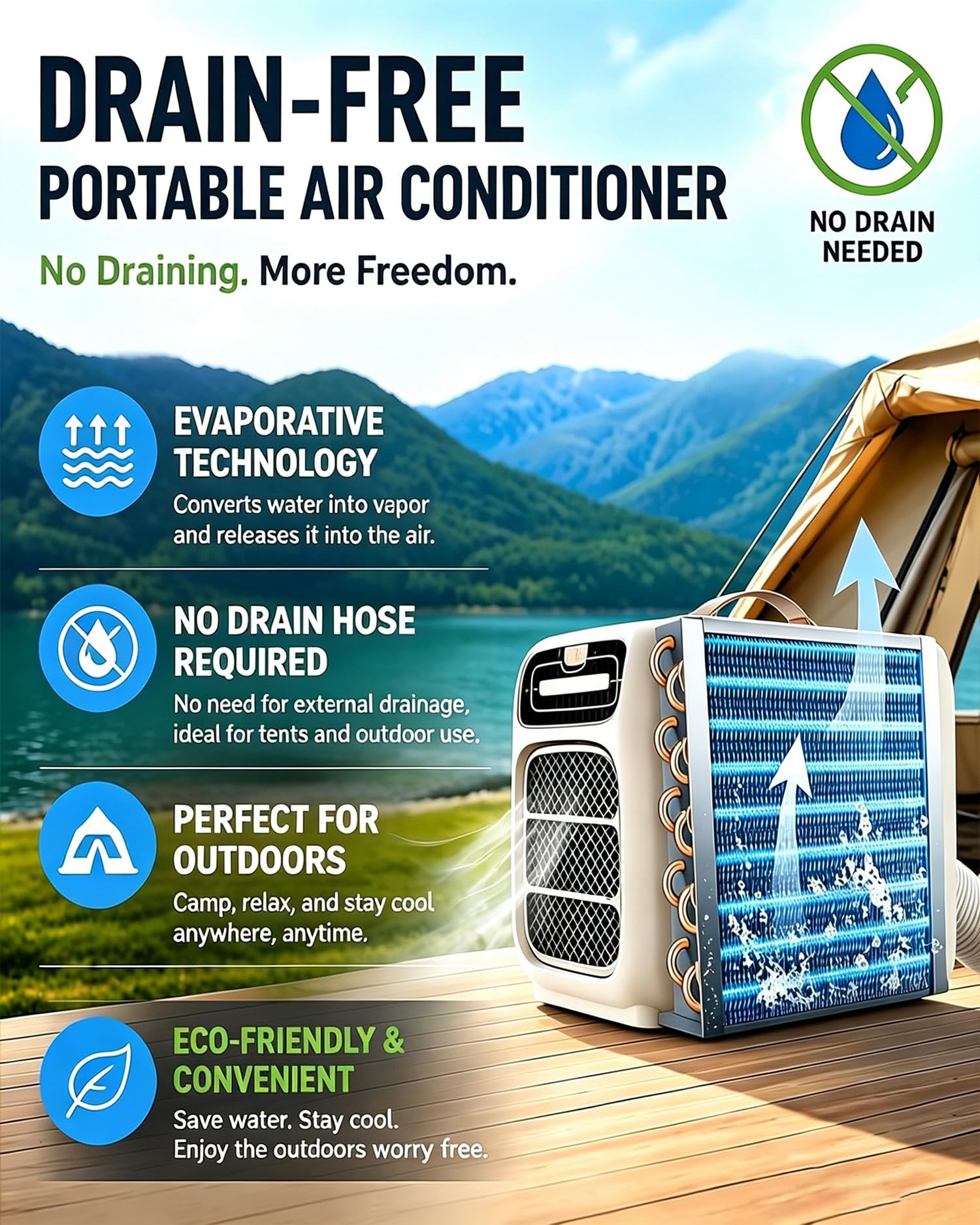 Aire Acondicionado Portátil de Doble Manguera de 4800 BTU y 220 V | 4 en 1: refrigeración, deshumidificación, ventilador y modo nocturno, para RV, camper, tienda, oficina y espacios pequeños