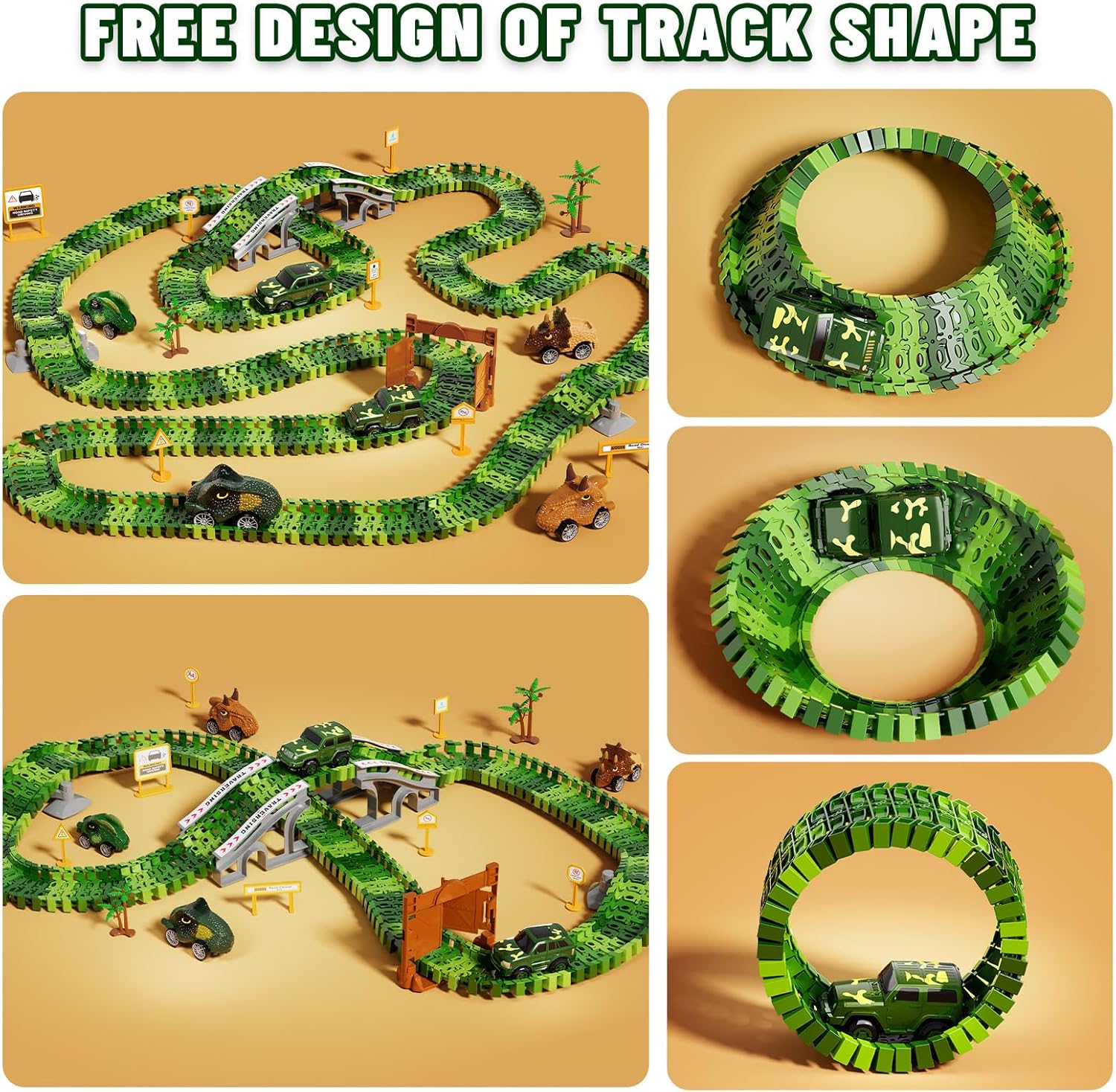 Car Race Track Dinosaur Toys, DIY Flexible Train Tracks Building Kit with 2 Electric Cars, 4 Dinosaur Cars, Train Set Toys for Kids 3 4 5 6 7 Years Old, Party Games Birthday Gift for Boys