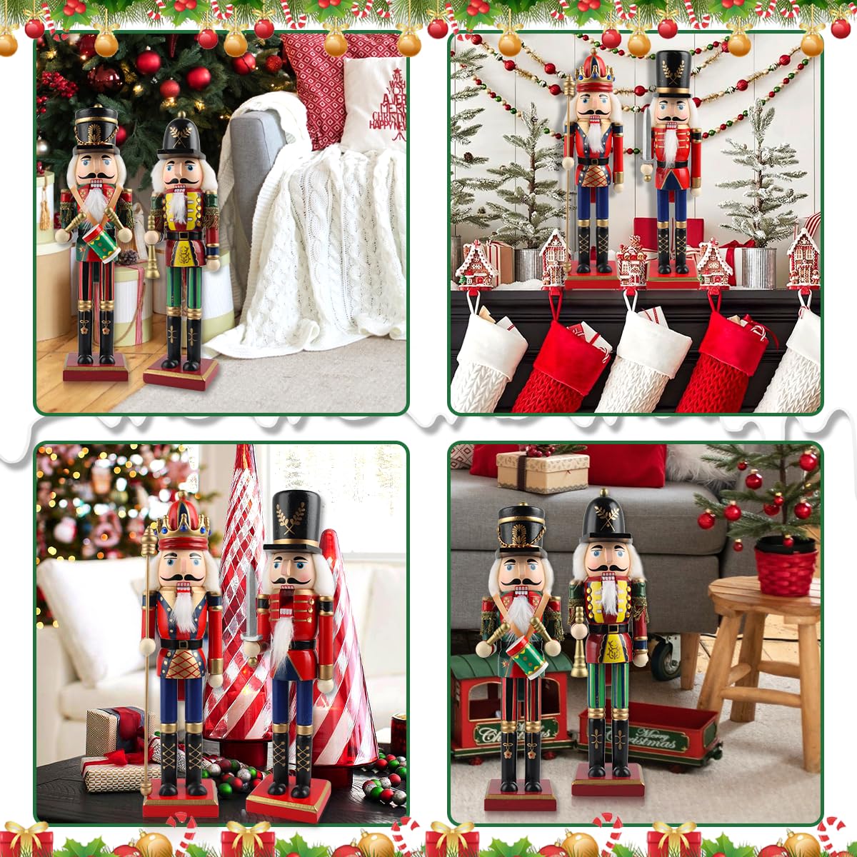Nussknacker Figur, 2 Große Nussknacker Weihnachtsfiguren aus Holz, Soldat im Erzgebirge-Stil, Handbemalter Traditionelle Weihnachtsdeko(A)