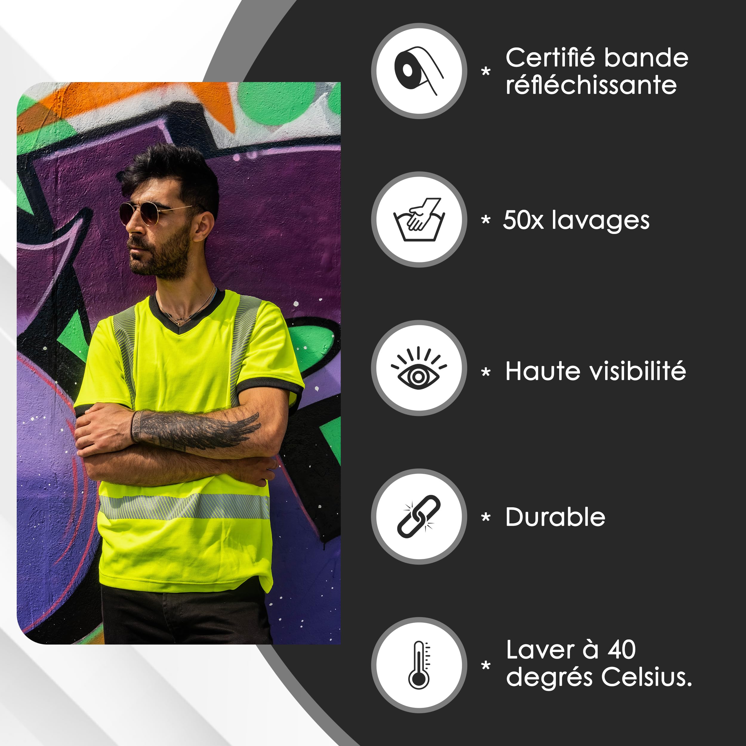 Chemise d'avertissement réfléchissante - Chemise Haute visibilité - T-Shirt de sécurité - Chemise de Travail - Chemise Haute visibilité pour Hommes - T-Shirt de Travail - Jaune/Noir - L