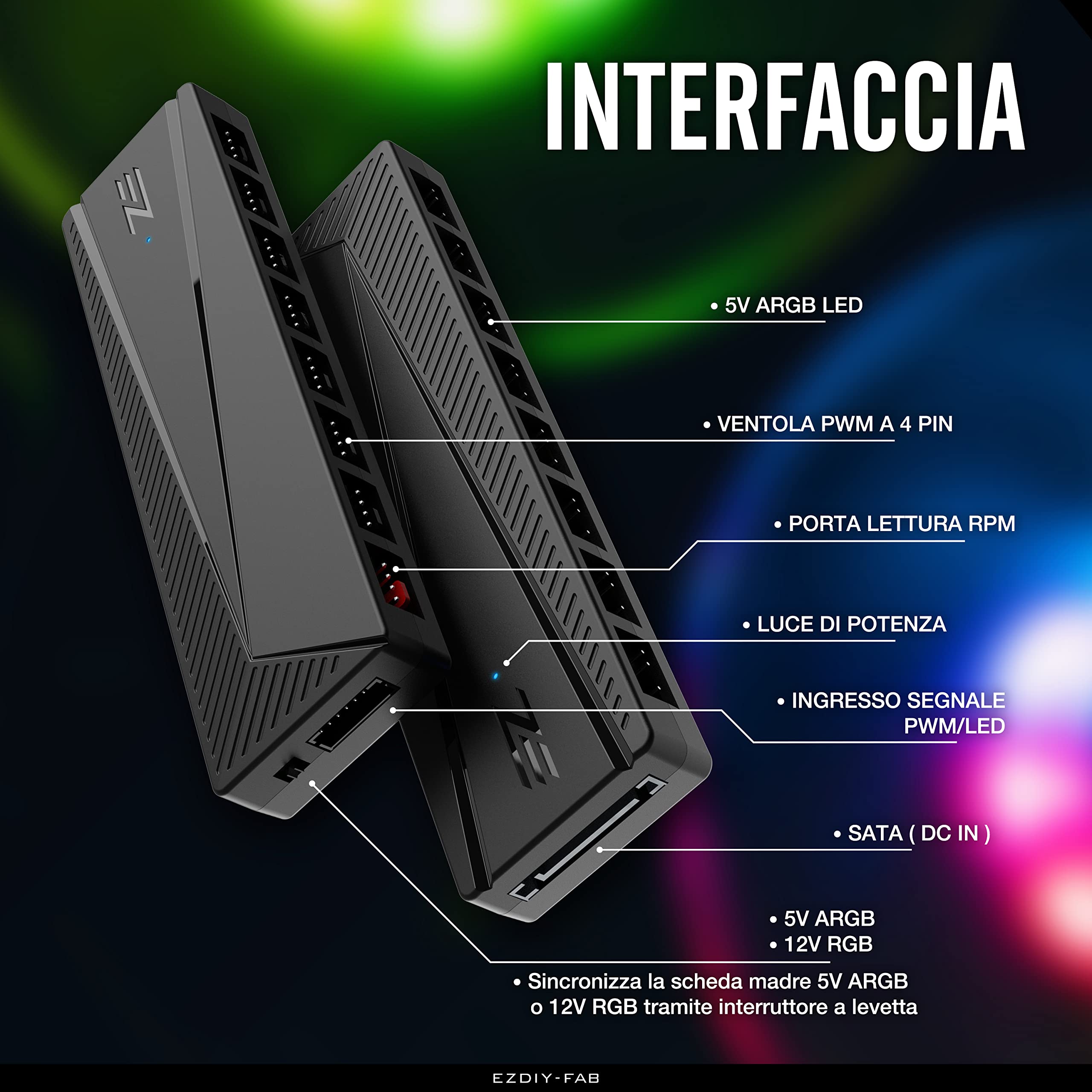 EZDIY-FAB ARGB PWM Fan Hub per Ventola Case PC,8 Porte PWM+8 Porte ARGB,12V RGB/5V ARGB Sincronizzazione Scheda Madre,Adattatore per Ventola Funzionale,Due Sistemi di Illuminazione