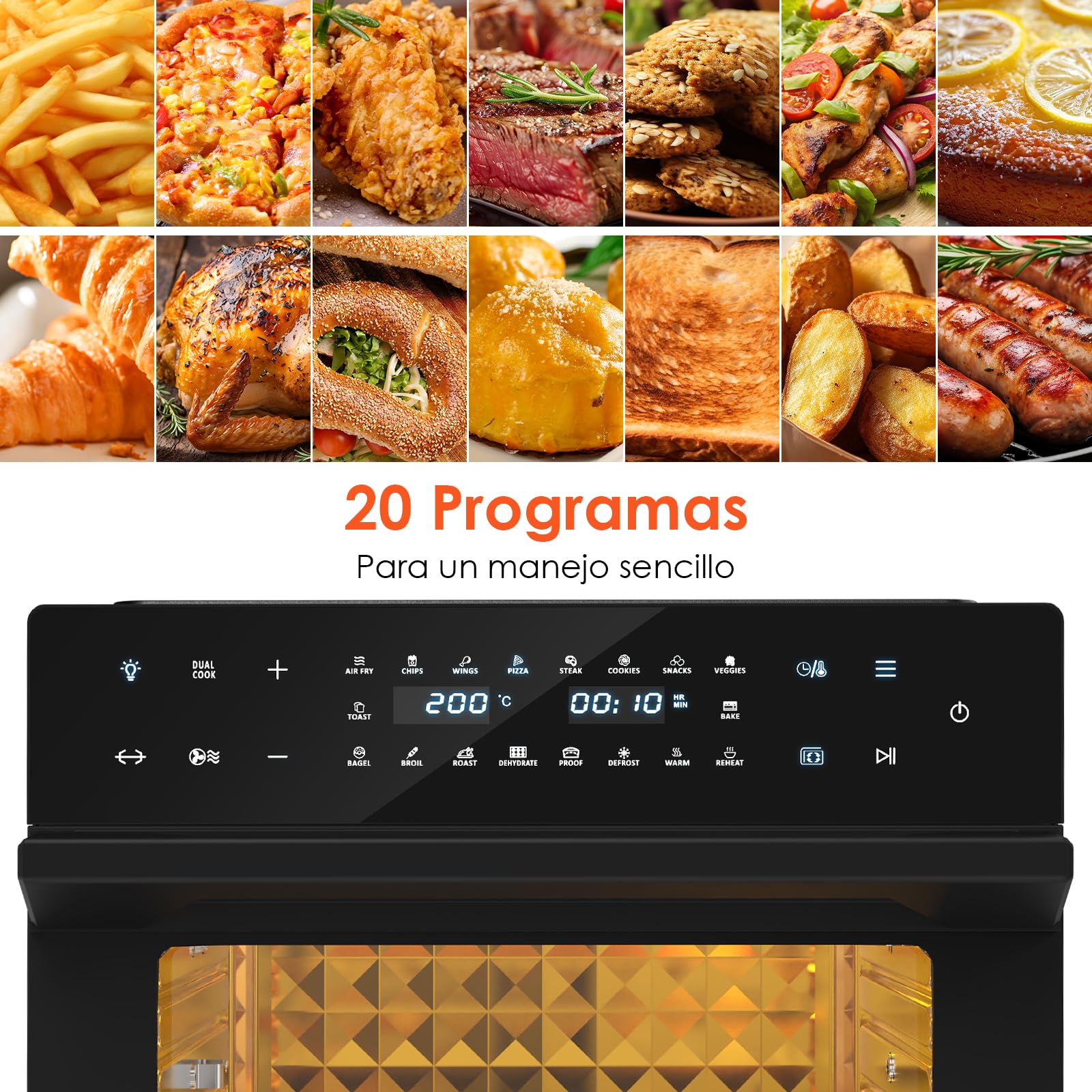 LLIVEKIT Freidora de Aire XXL 30 L con Asador Giratorio, 20 Programas | Horno Freidora sin Aceite con 9 Accesorios, Air Fryer Pantalla Táctil LED, Convección con Recetas, 1800W, 80°C-230°C