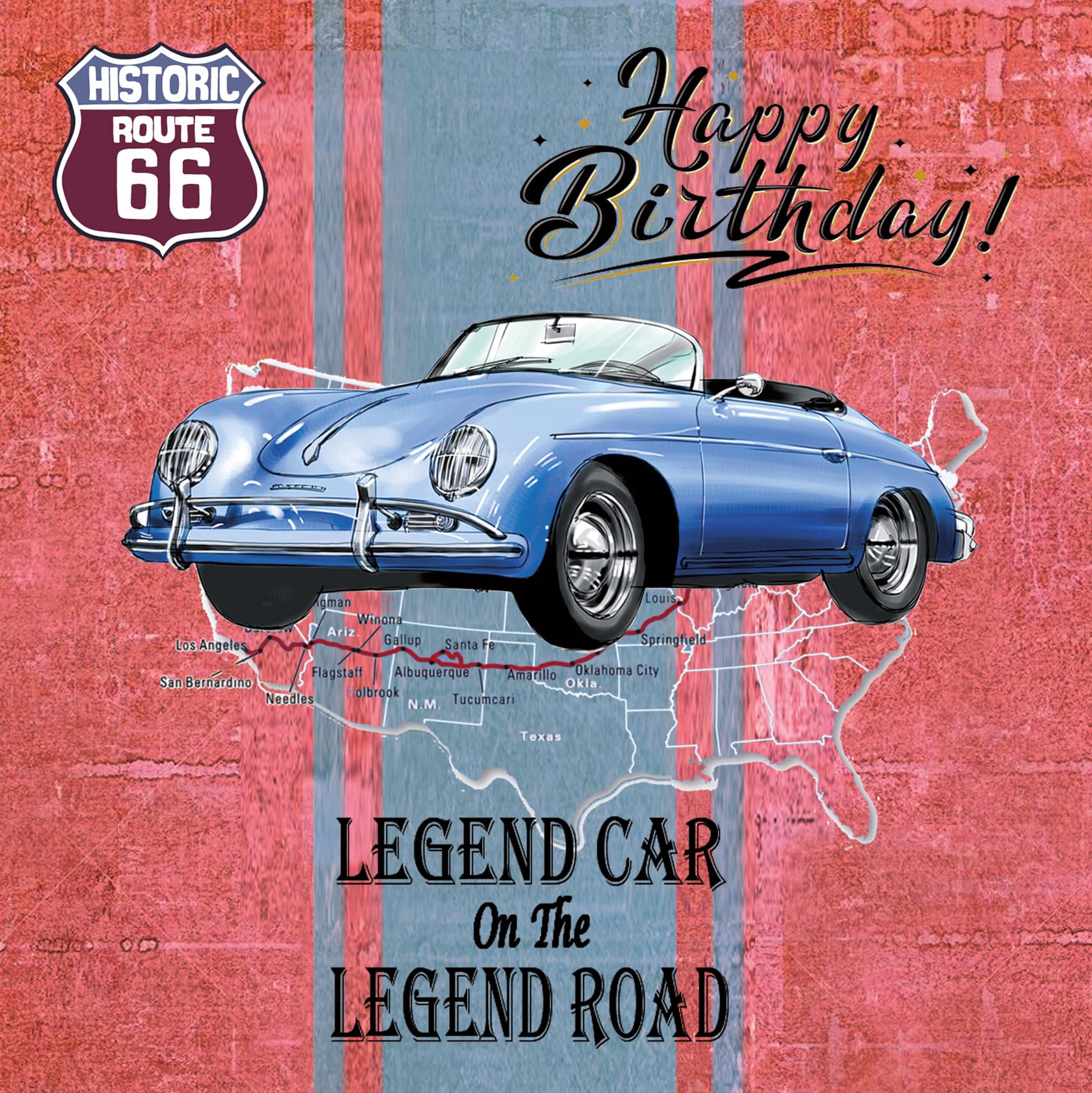 IETSCPMD6603 Happy Birthday Card Silver Square with White Envelope Format 15 x 15 cm Route 66 Historic Road R66 – Porsche/Official Licence – White Interior – Made in France