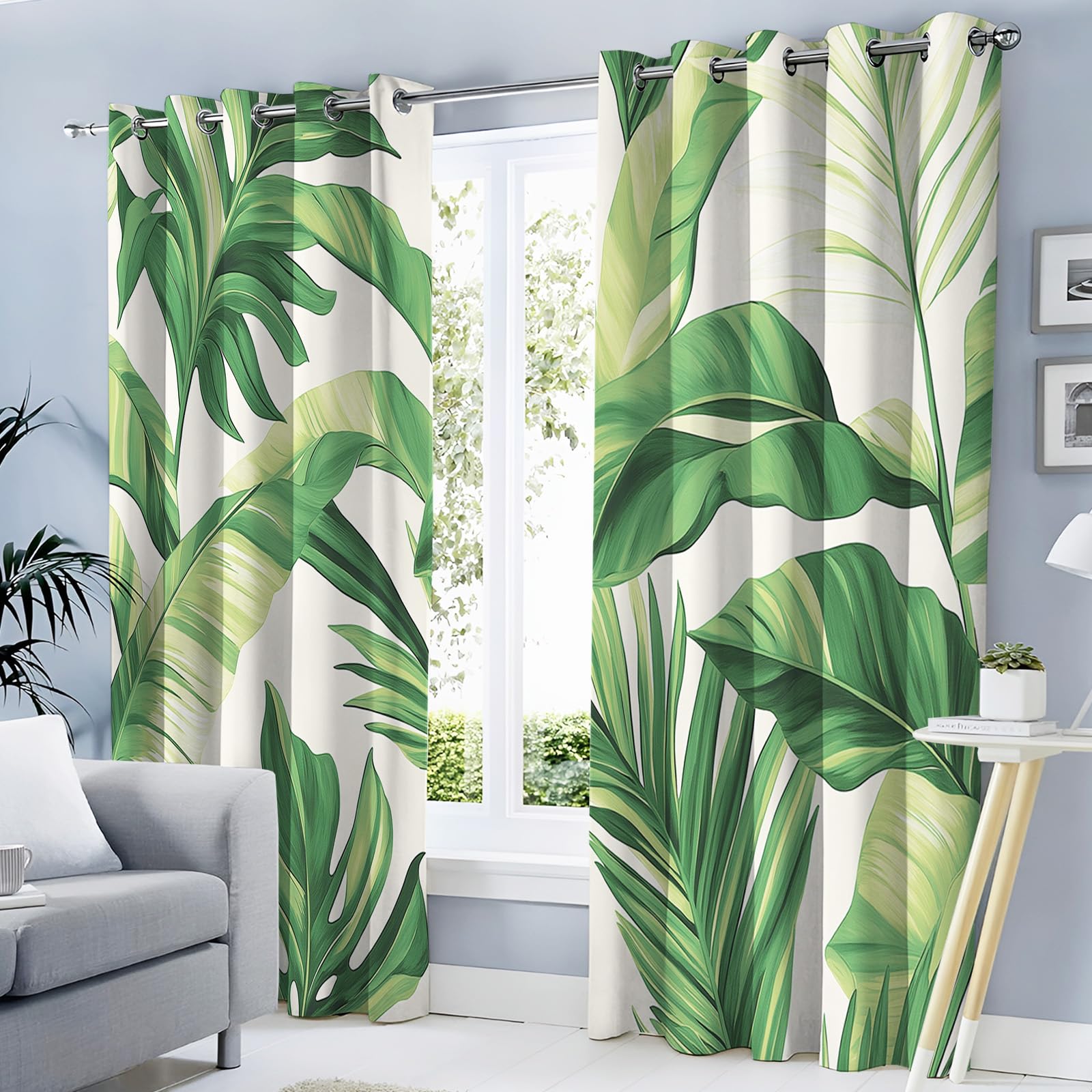Rideau occultant feuilles tropicales vert sauge draperies intérieurs oeillets 140x240cm lot 2