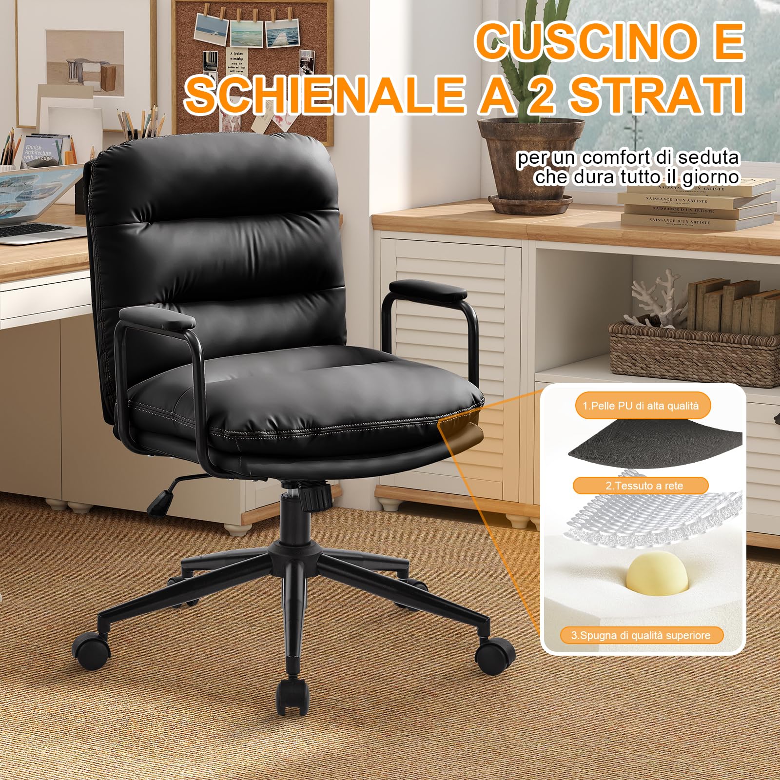 Fauteuil de Bureau Réglable en Hauteur Cuir PU avec Roulettes, Chaise Coiffeuse Bascule Pivotante Noir