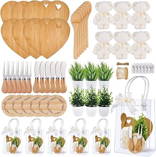 Baby Shower Prizes for Game Winners Bamboo Cheese Board Fork Butter Spreaders Coasters Towel Artificial Potted Plant Thanks Card Gift Bag for Bridal Shower Favors (Bamboo Heart Shaped,6 Sets)