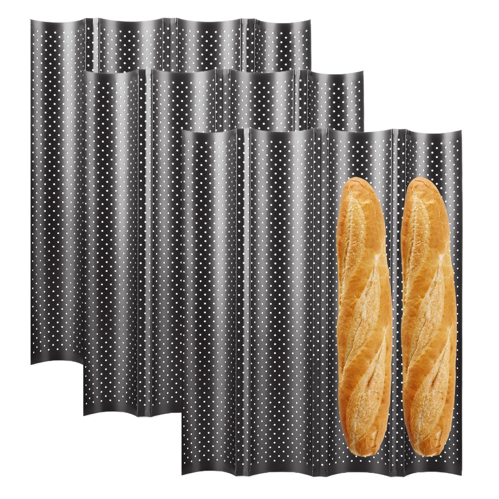 WOPPLXY 3 Pièces Moule a Baguette de 4 Créneaux, Noir Moule Baguette Four de 38 x 32cm, Moule à Pain en Acier au Carbone pour 4 Baguettes