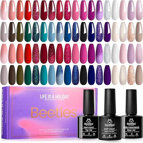Beetles Winter Gel Polish Set 39Pcs Red Burgundy Blue Green Nude Pink Purple Gel Nail Polish with Base Top Coat for Manicure Lovers DIY at Home UV LED Needed Gift for Women Enchanted Jewelry