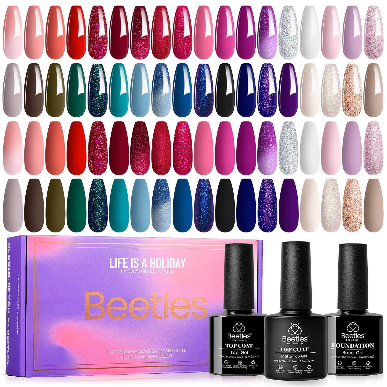 Beetles Halloween Gel Polish Set 39Pcs Red Burgundy Blue Green Nude Pink Purple Gel Nail Polish with Base Matte Glossy Top Coat for Manicure Lovers DIY at Home Gift for Women Enchanted Jewelry