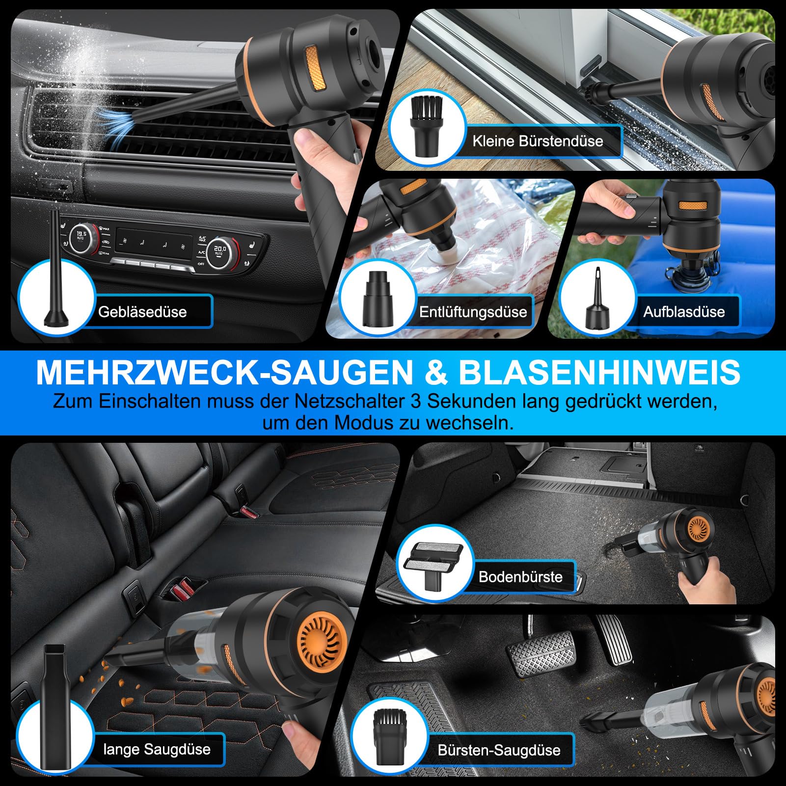 Handstaubsauger Kabellos, Autostaubsauger, 18000Pa Stark & 4 in 1 Akku Staubsauger, 200000 U/min Bürstenloser Motor Mini Staubsauger, 3 Stufen Saugstärke für Auto, Haus, Tierhaare, Ladegerät, Silber