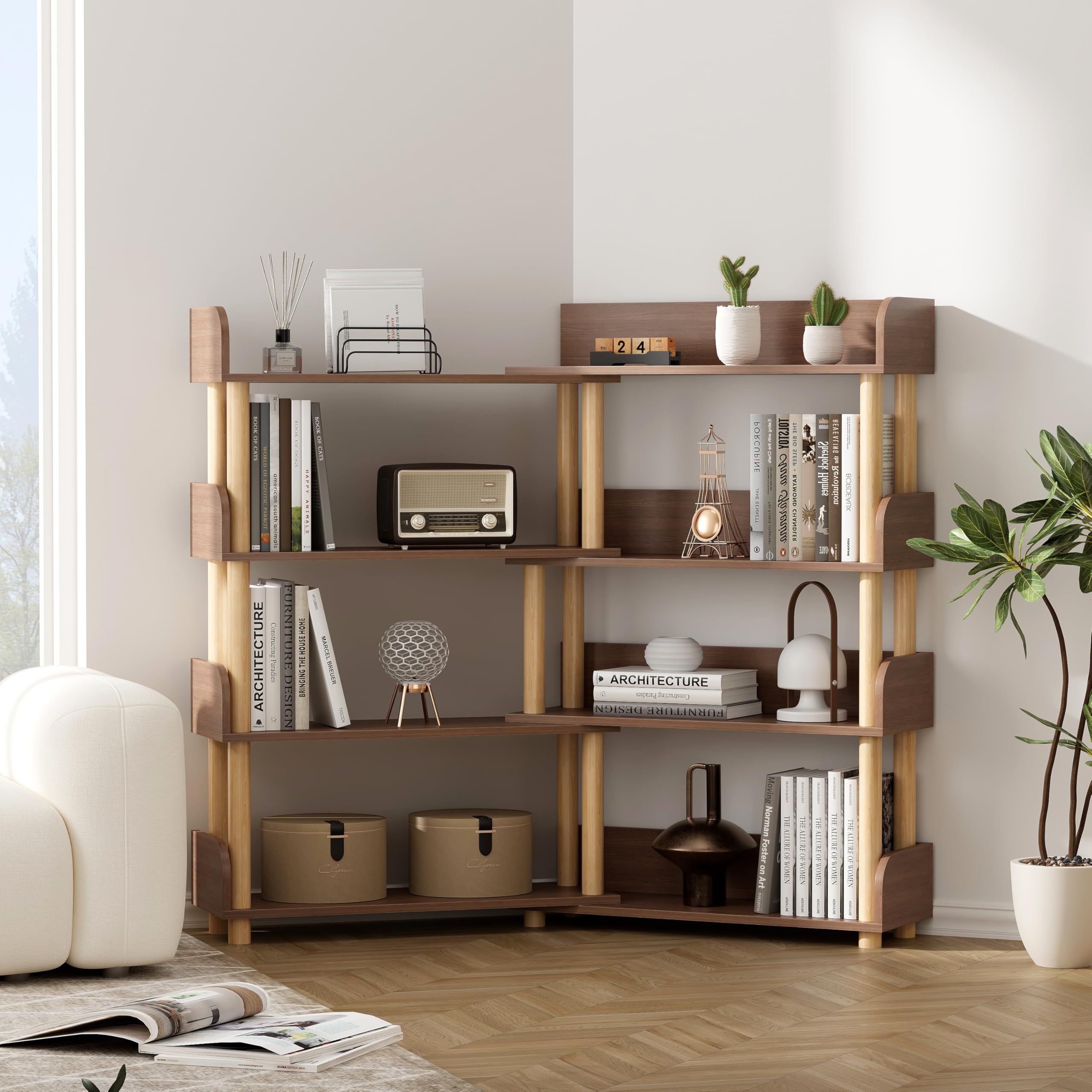 CuisinSmart 4 Tier Retractable Bookshelf, Wooden Rotatable Corner Book Shelf, Storage Rack for CDs/Movies/Books, Shelving Unit, Utility Organizer Shelves for Living Room, Bedroom Walnut