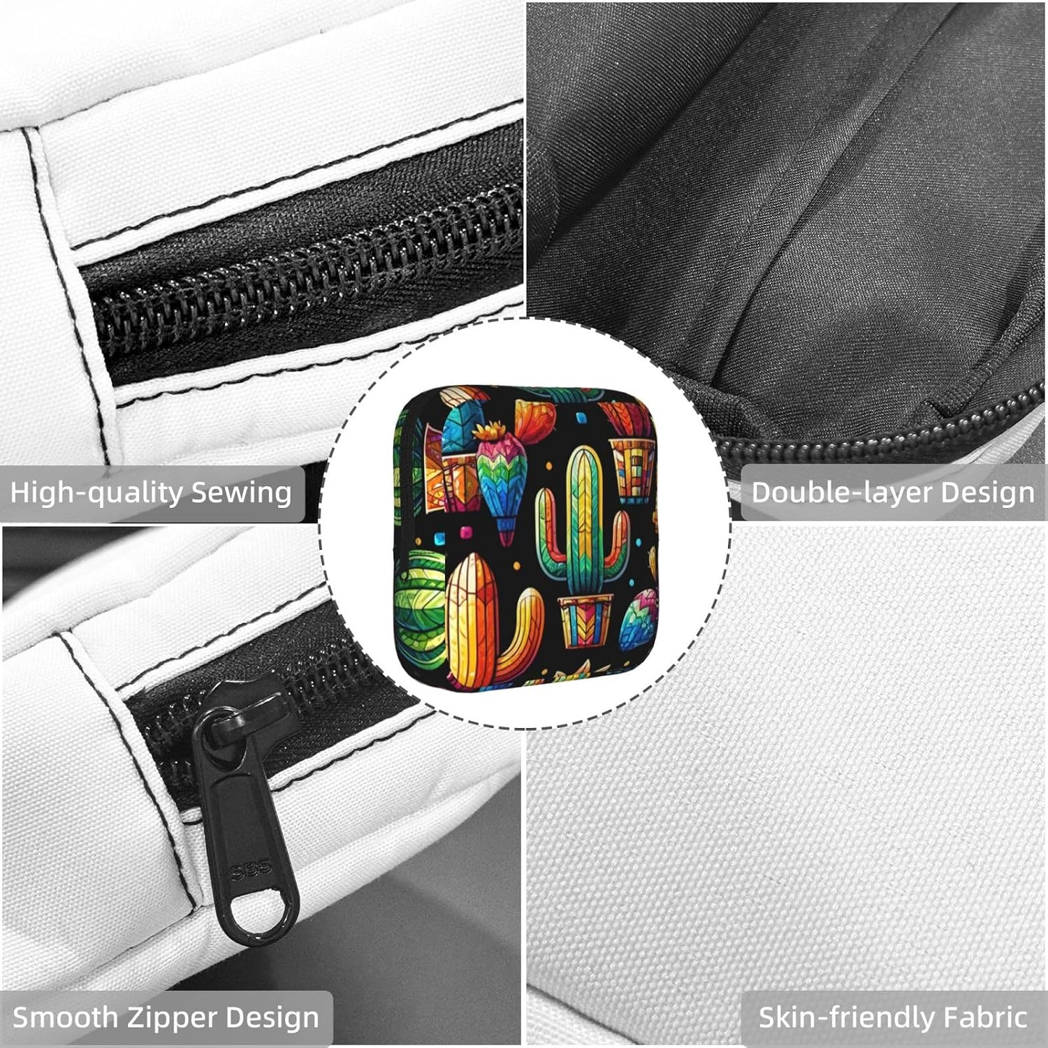 Colorful-Cactus-Plants Portable Period Pad Pouch for Women, Sanitary Napkin Storage Bag with Zipper for Outdoor Use image 5