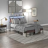 Bed Frame with Storage Headboard, Platform Bed with LED Lights, Steel Slat Supports, Easy to Assemble, No Noise, No Springs Required (Walnut, Full)