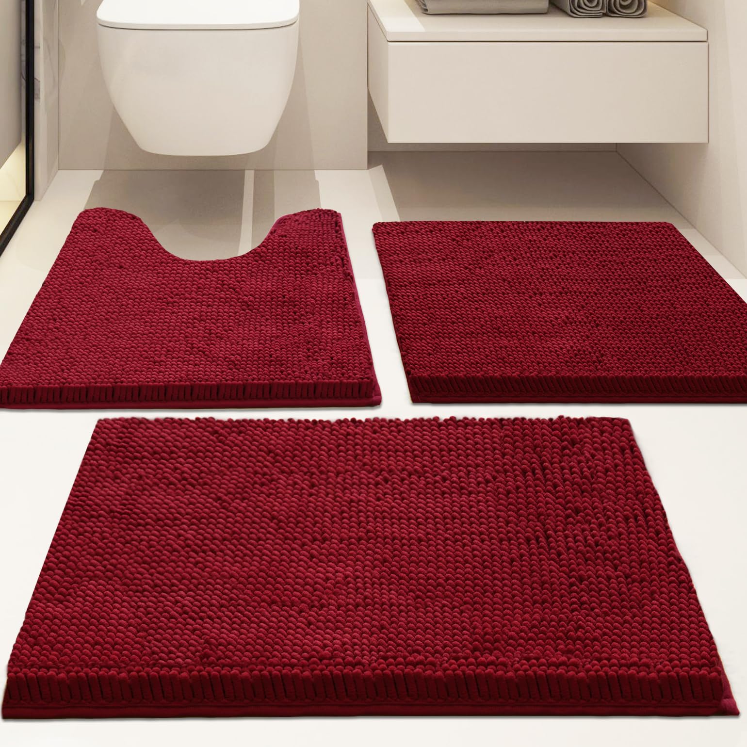 Lot de 3 tapis de salle de bain en chenille, très épais et absorbants, antidérapants, lavables en machine, séchage rapide, doux et confortable, utilisés sous la douche, baignoire et évier,