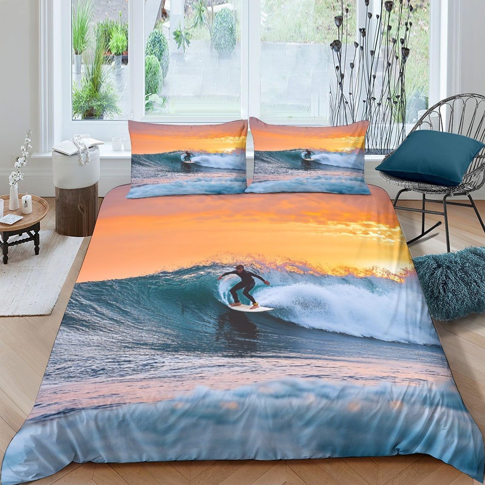 Ctjqhvkz Style-1 3D Printed Sunset Wave Fitted Sheet Microfiber Soft Orange Blue Surfer Mattress Cover For Bedroom Dorm Decor Single（135X200cm）