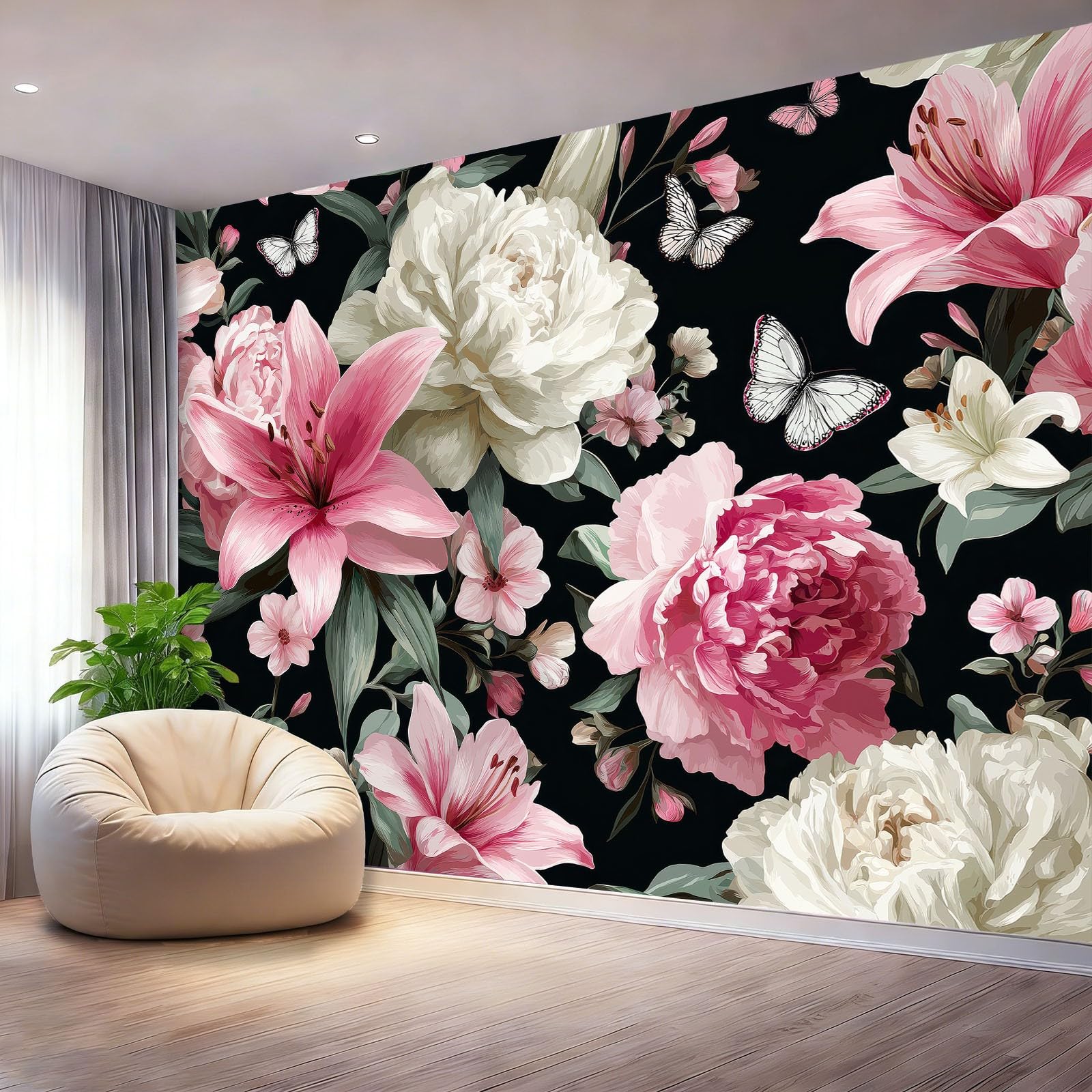 Kolorowa panoramiczna tapeta ścienna 300 x 210 cm, 3D wykwintna tapeta piwonia lilia motyl kwiatowy motyw fresk ścienny sypialnia salon dekoracja obrazu gigantyczny plakat ścienny