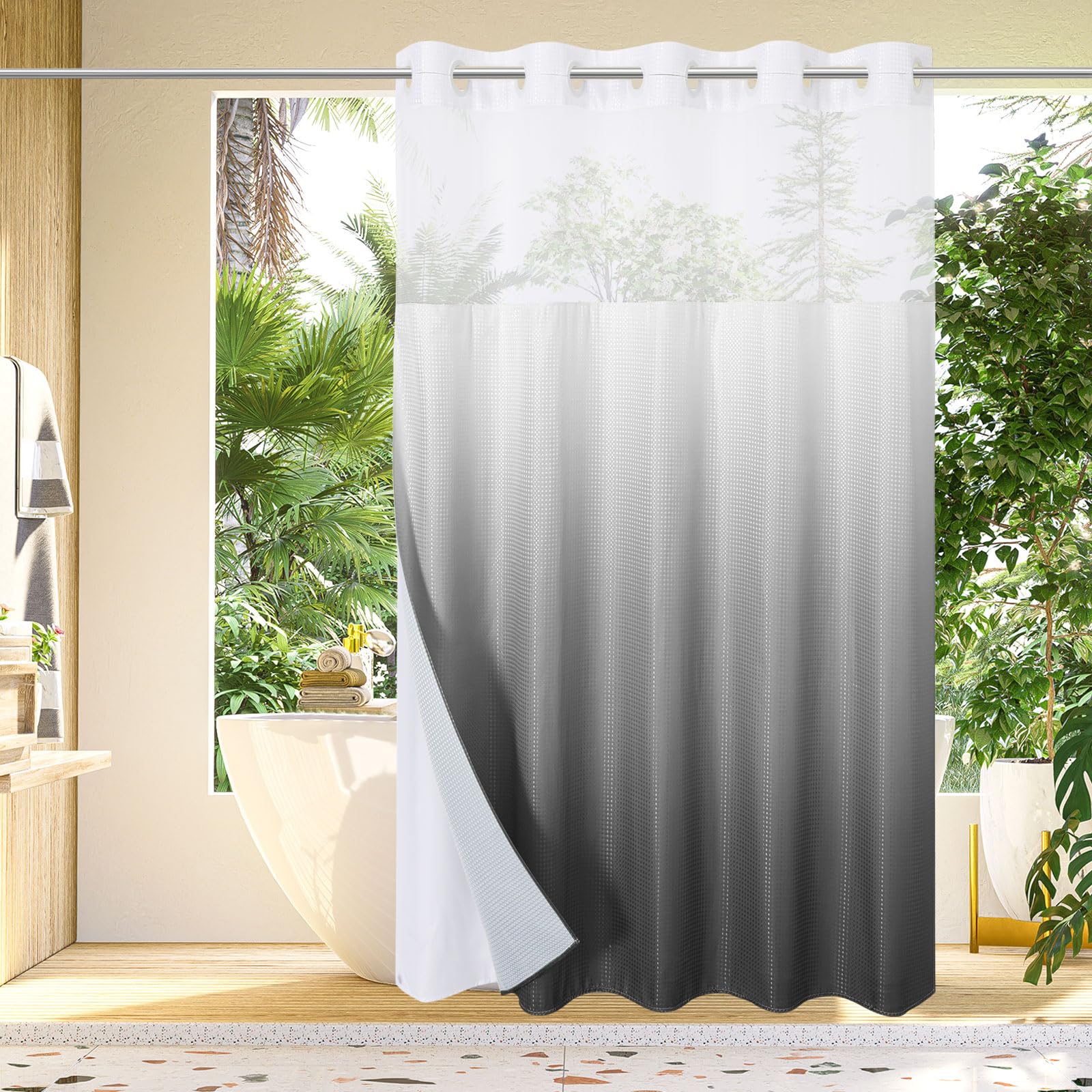 gibelle no hook waffle weave shower curtain with snap-in fabric liner set for bathroom, hotel style with mesh top window, waterproof & washable, ombre grey, 72x74
